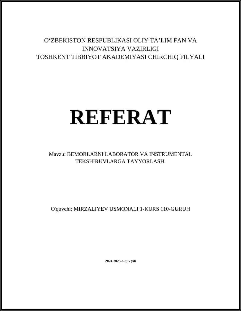 BEMORLARNI LABORATOR VA INSTRUMENTAL TEKSHIRUVLARGA TAYYORLASH 1