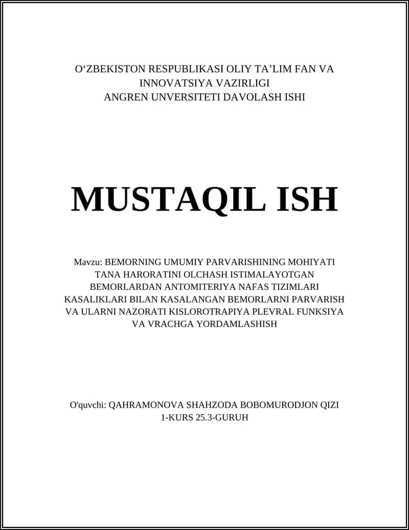 BEMORNING UMUMIY PARVARISHINING MOHIYATI TANA HARORATINI OLCHASH ISTIMALAYOTGAN BEMORLARDAN ANTOMITERIYA NAFAS TIZIMLARI KASALIKLARI BILAN KASALANGAN BEMORLARNI PARVARISH VA ULARNI NAZORATI KISLOROTRAPIYA PLEVRAL FUNKSIYA VA VRACHGA YORDAMLASHISH 1