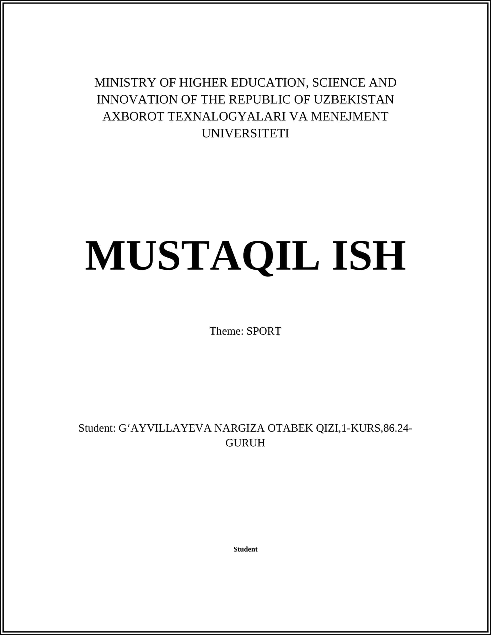 AXBOROT TEXNALOGYALARI VA MENEJMENT UNIVERSITETI MUSTAQIL ISH 1