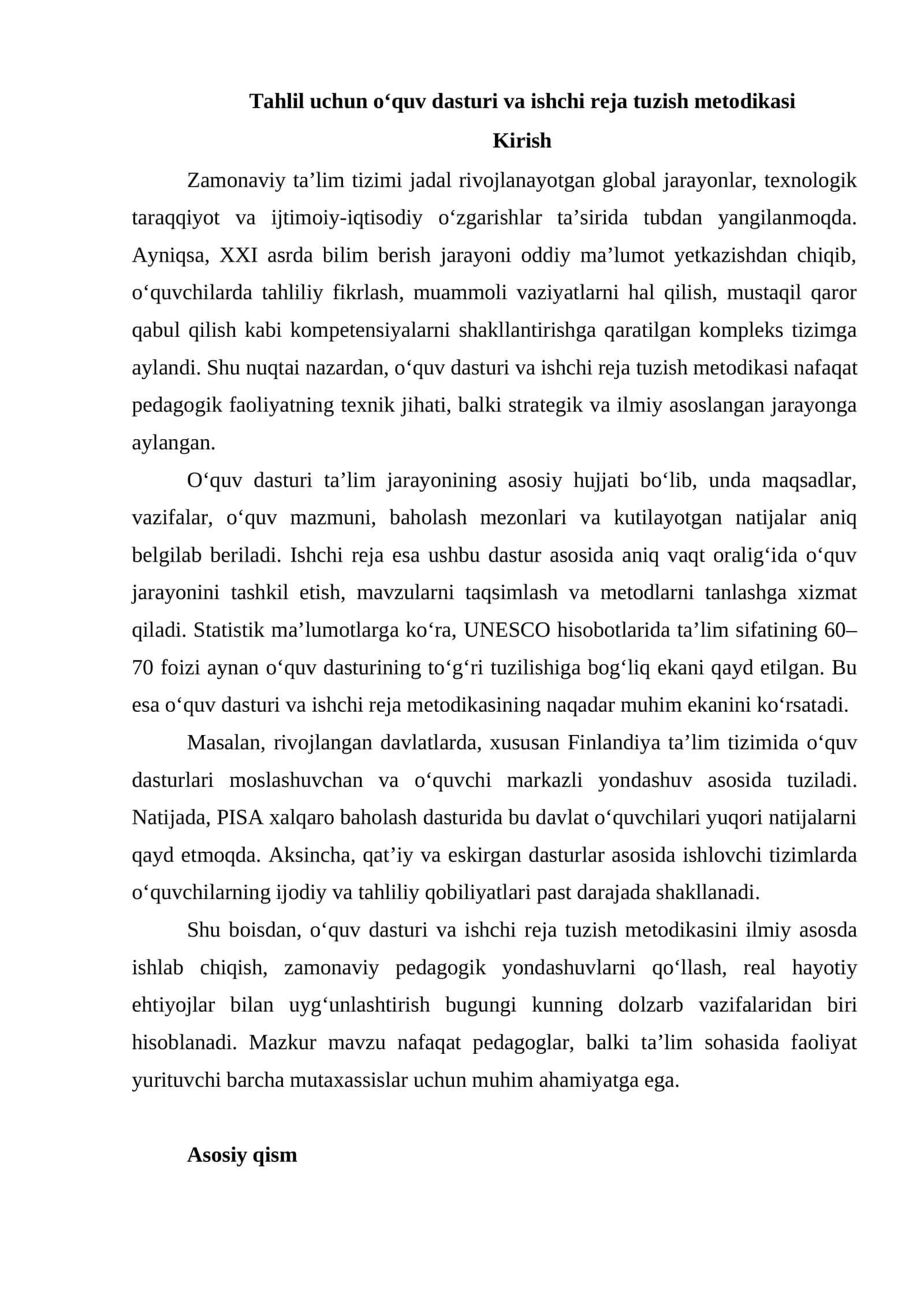 Tahlil uchun o‘quv dasturi va ishchi reja tuzish metodikasi 1