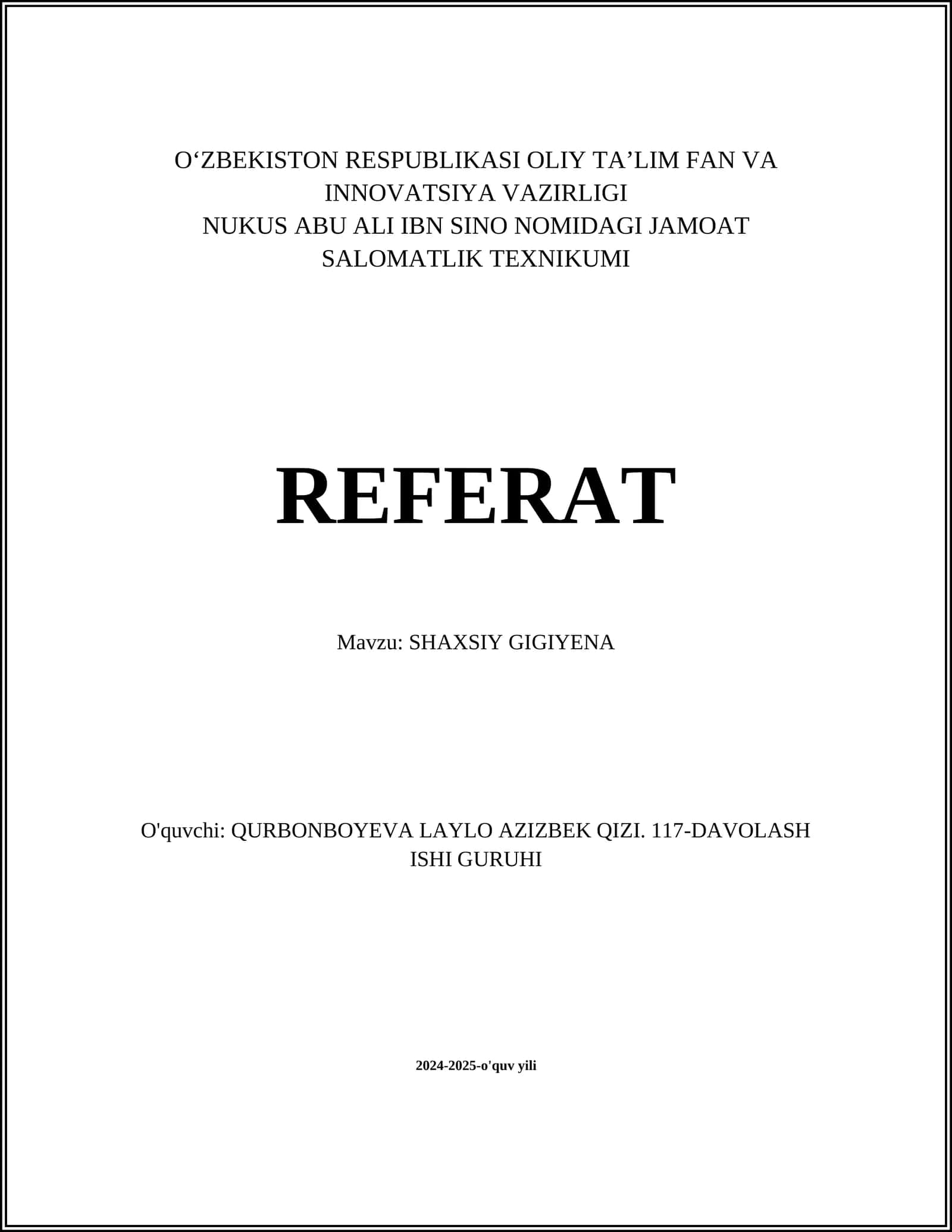 SHAXSIY GIGIYENA REFERAT 1