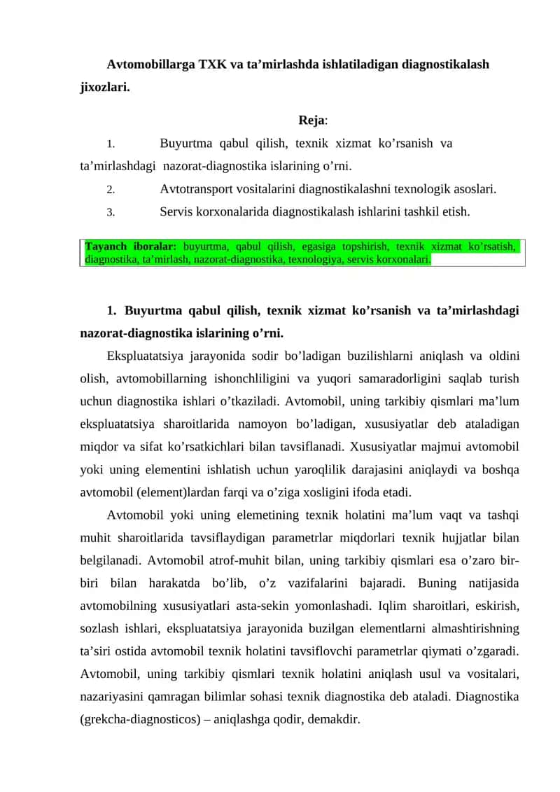 Avtomobillarga TXK va ta’mirlashda ishlatiladigan diagnostikalash jixozlari 1