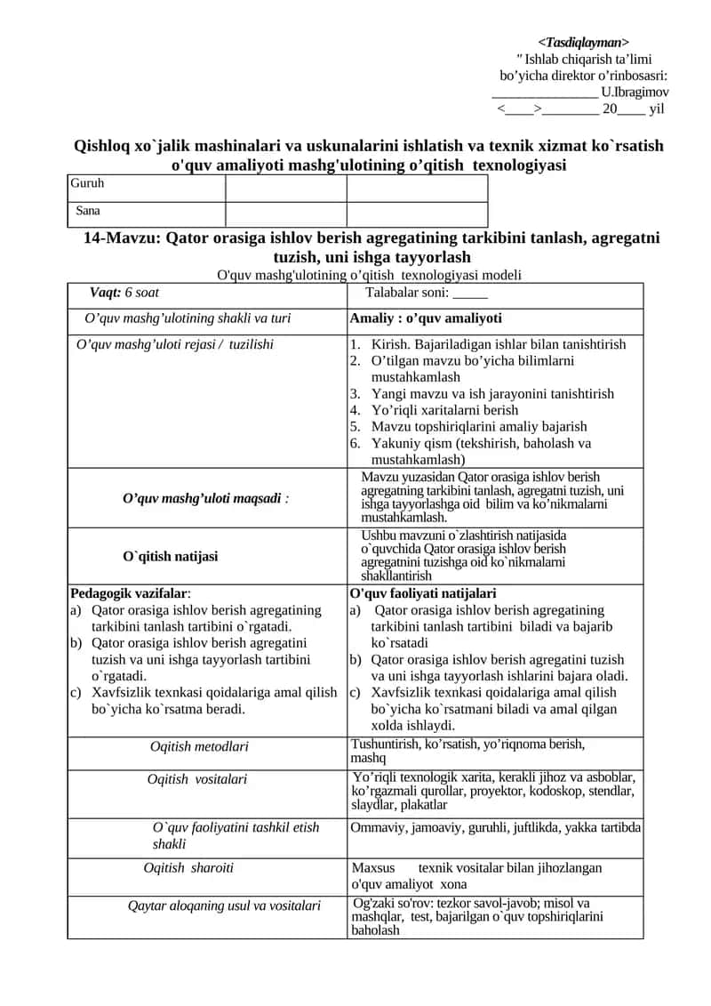 Qator orasiga ishlov berish agregatining tarkibini tanlash, agregatni tuzish, uni ishga tayyorlash 1