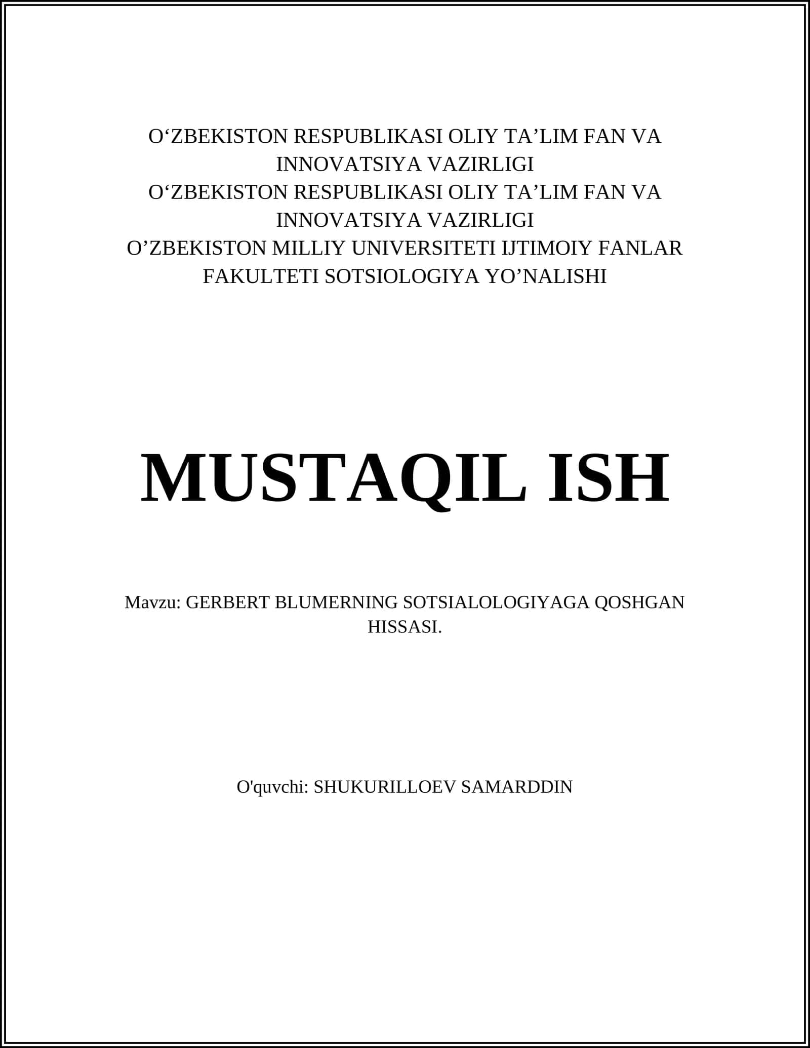 GERBERT BLUMERNING SOTSIALOLOGIYAGA QOSHGAN HISSASI 1