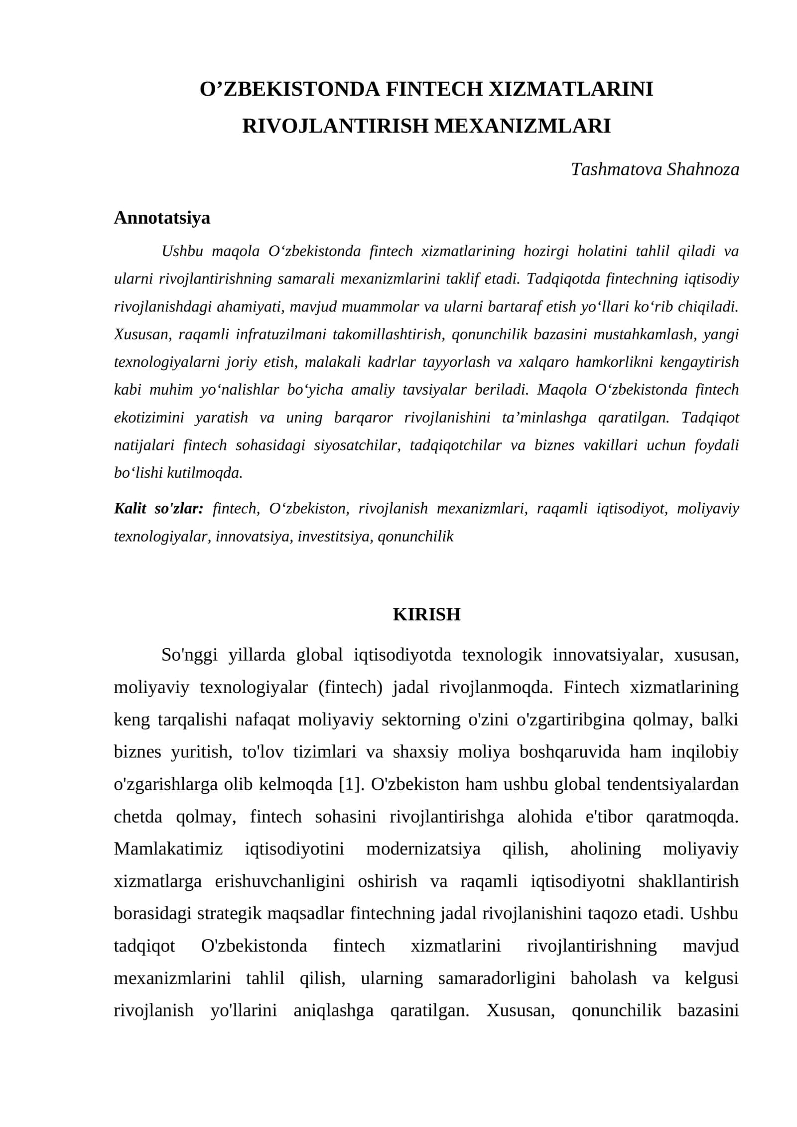 O’ZBEKISTONDA FINTECH XIZMATLARINI RIVOJLANTIRISH MEXANIZMLARI 1