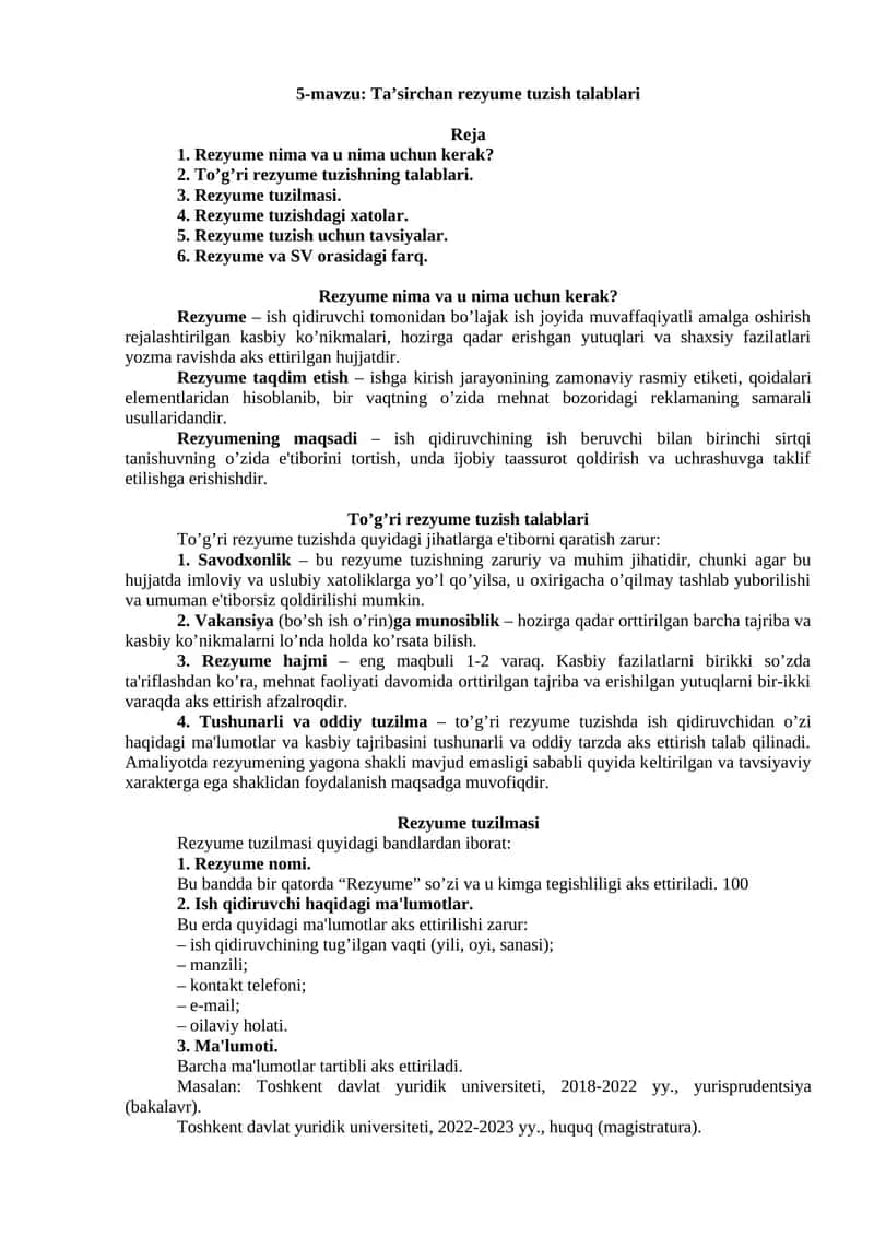 Rеzyumе tuzish talablari 1