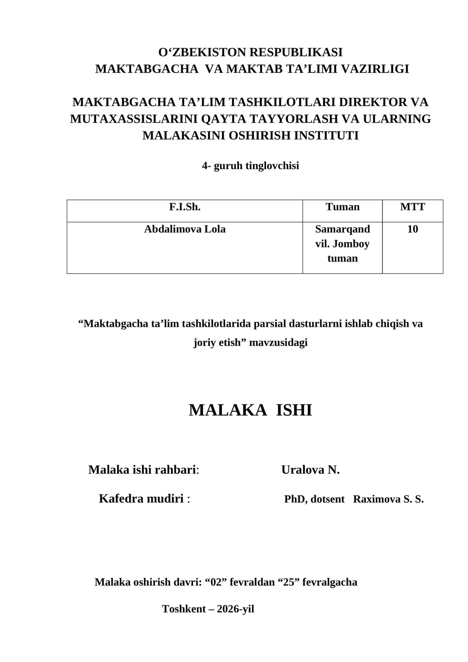 Parsial dasturlarni ishlab chiqish va joriy etish 1