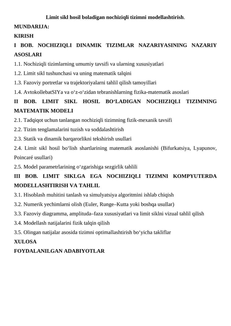 Limit sikl hosil boladigan nochiziqli tizimni modellashtirish 1