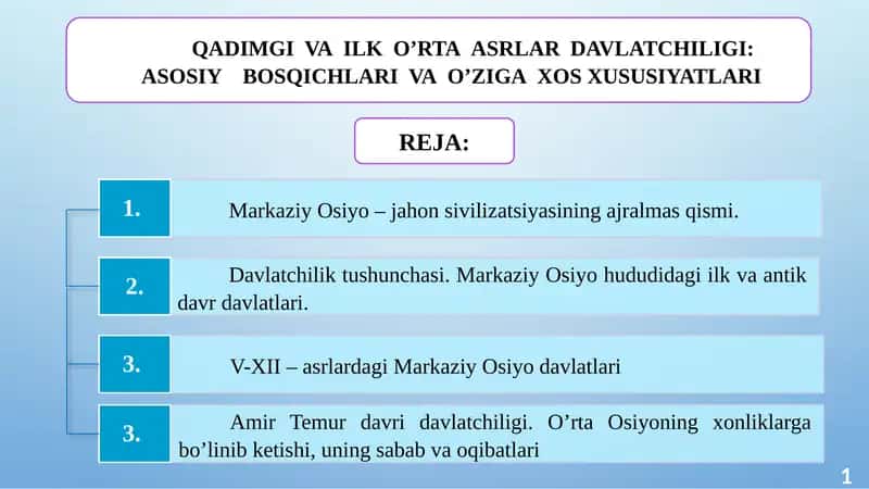 QADIMGI VA ILK O’RTA ASRLAR DAVLATCHILIGI: ASOSIY  BOSQICHLARI VA O’ZIGA XOS XUSUSIYATLARI 1
