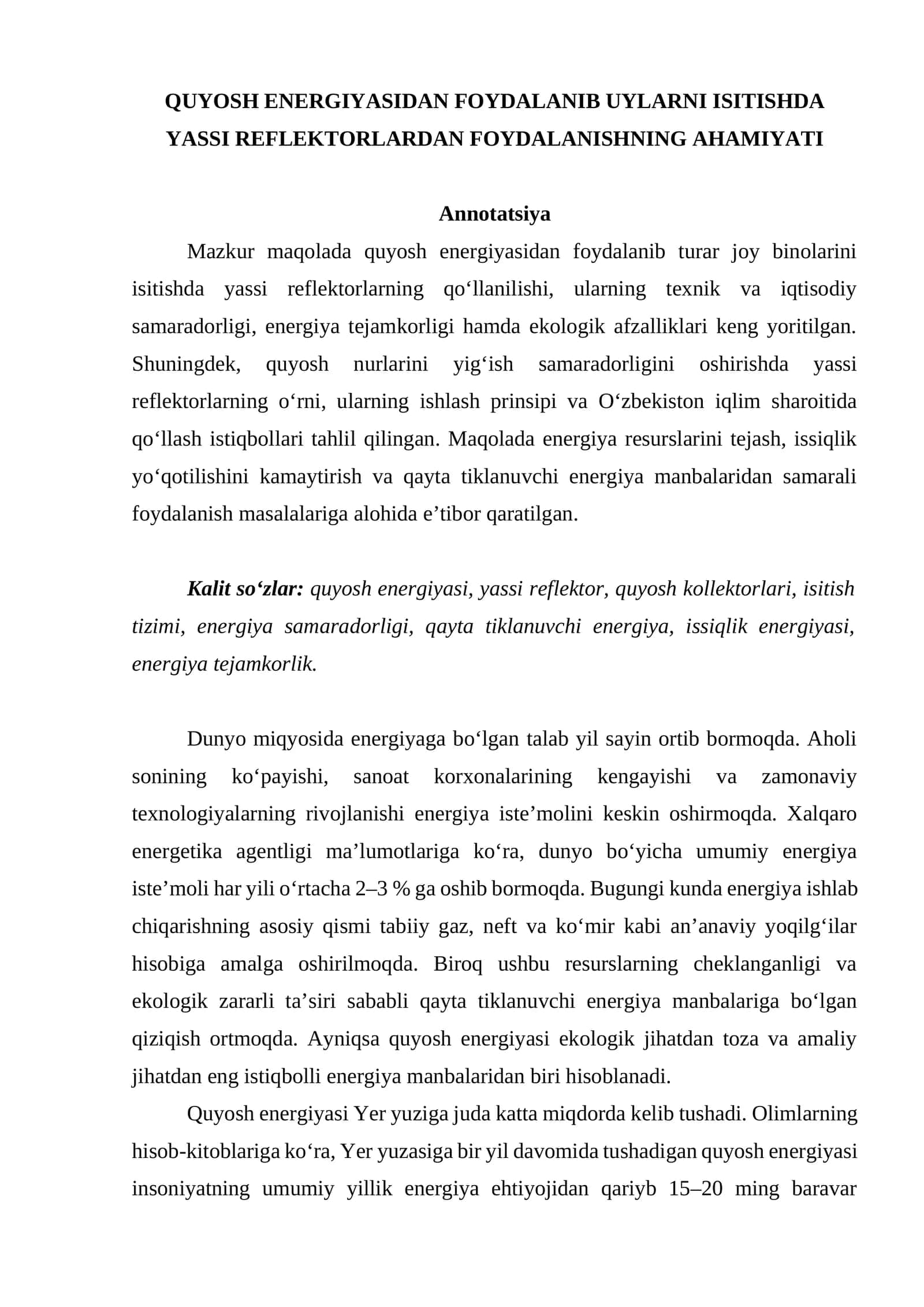 Quyosh energiyasidan foydalanib uylarni isitishda yassi reflektorlardan foydalanishning ahamiyati 1