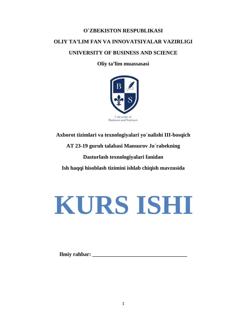 Ish haqqi hisoblash tizimini ishlab chiqish mavzusida 1