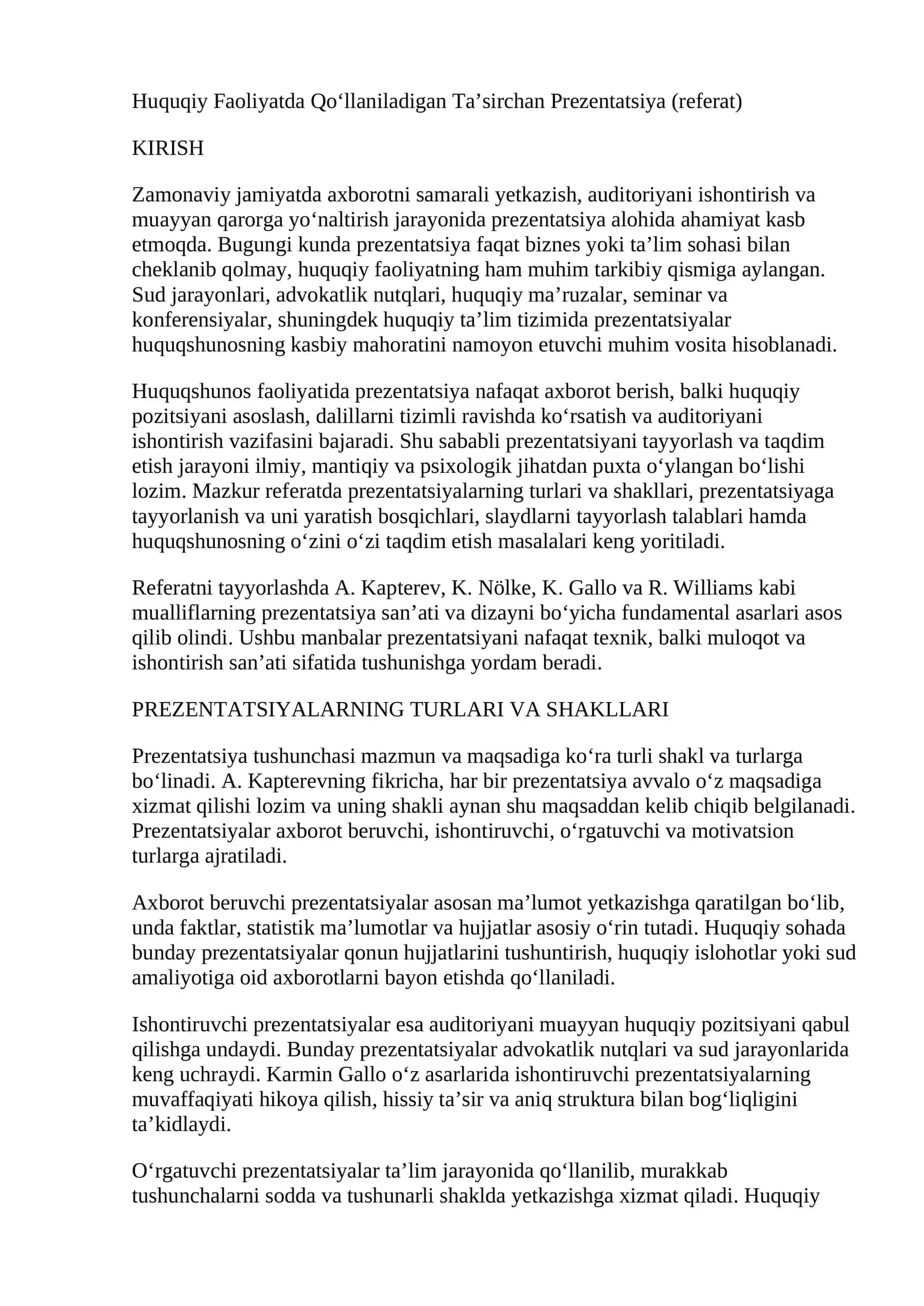 Huquqiy Faoliyatda Qo‘llaniladigan Ta’sirchan Prezentatsiya (referat) 1