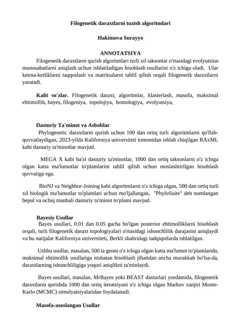 Filogenetik daraxtlarni tuzish algoritmlari 1