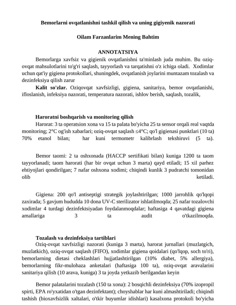 Bemorlarni ovqatlanishni tashkil qilish va uning gigiyenik nazorati 1