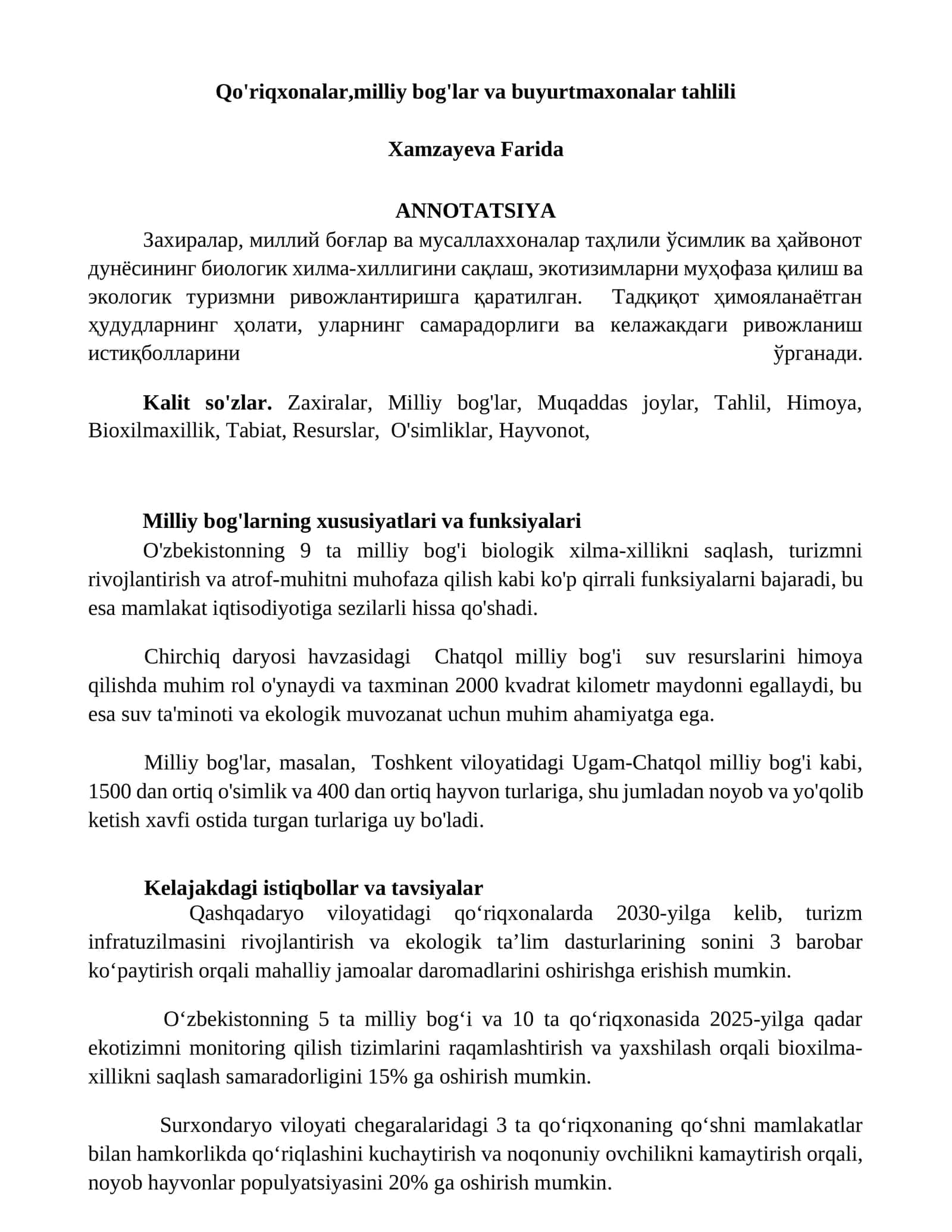 Qo'riqxonalar,milliy bog'lar va buyurtmaxonalar tahlili 1