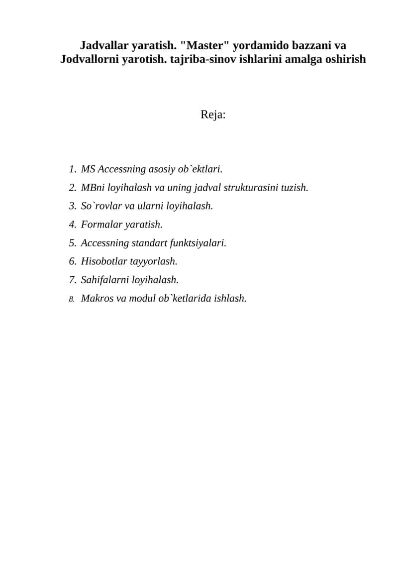 Ma'lumotlar bazasini yaratish va boshqarish 1