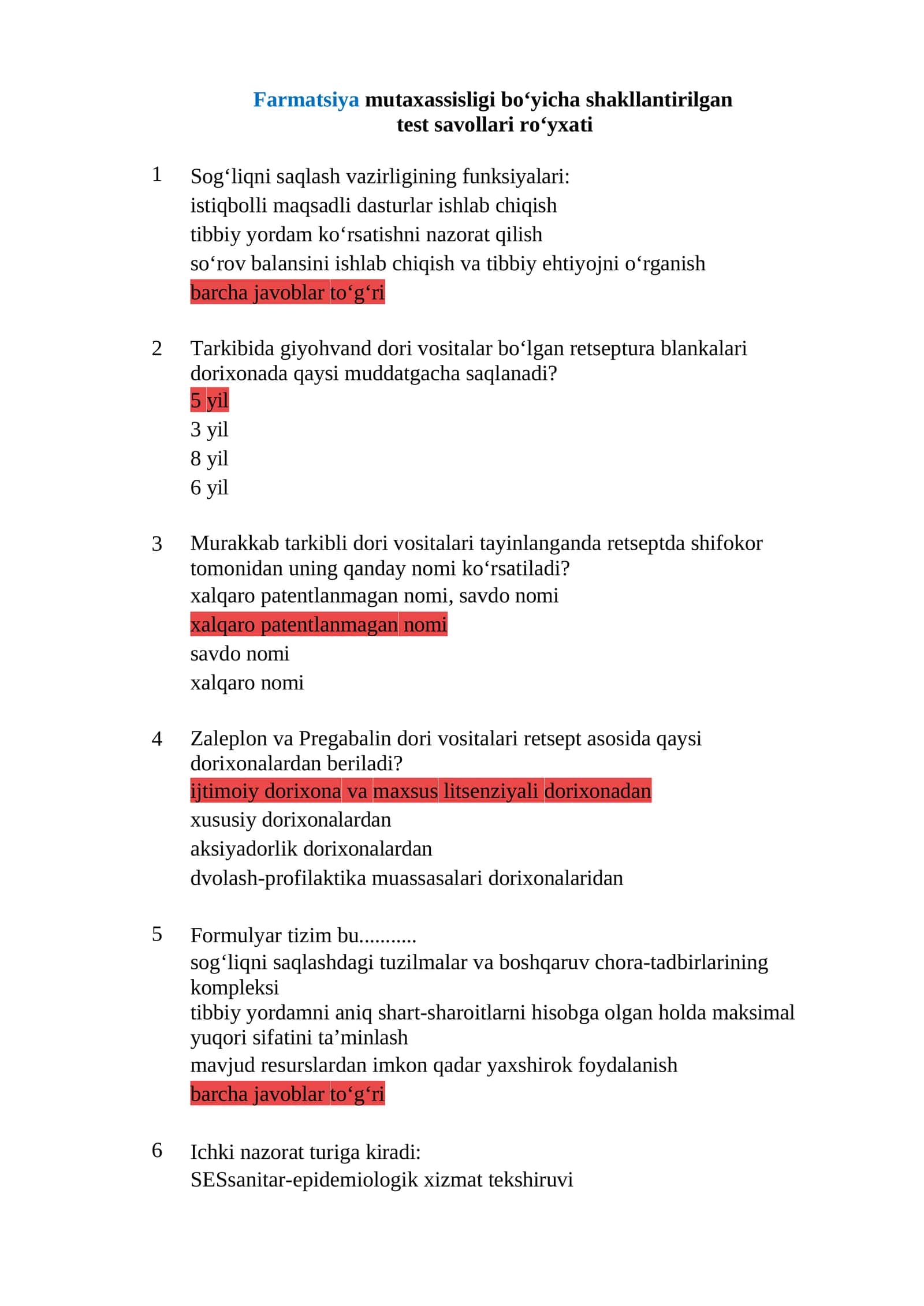Argos test savollari javoblari bilan tibbiyot Farmatsiya 1