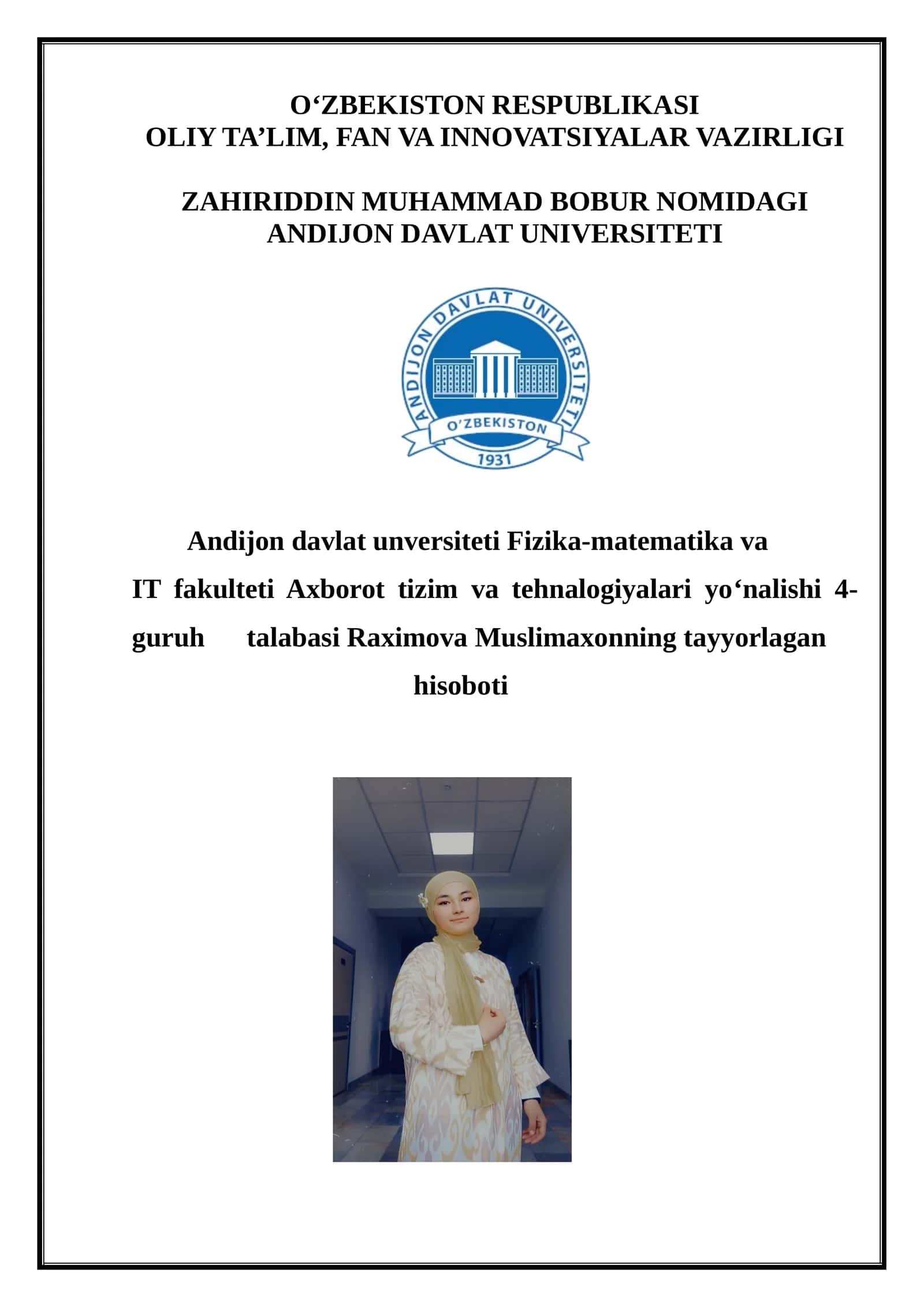 Raximova Muslimaxonning tayyorlagan hisoboti 1