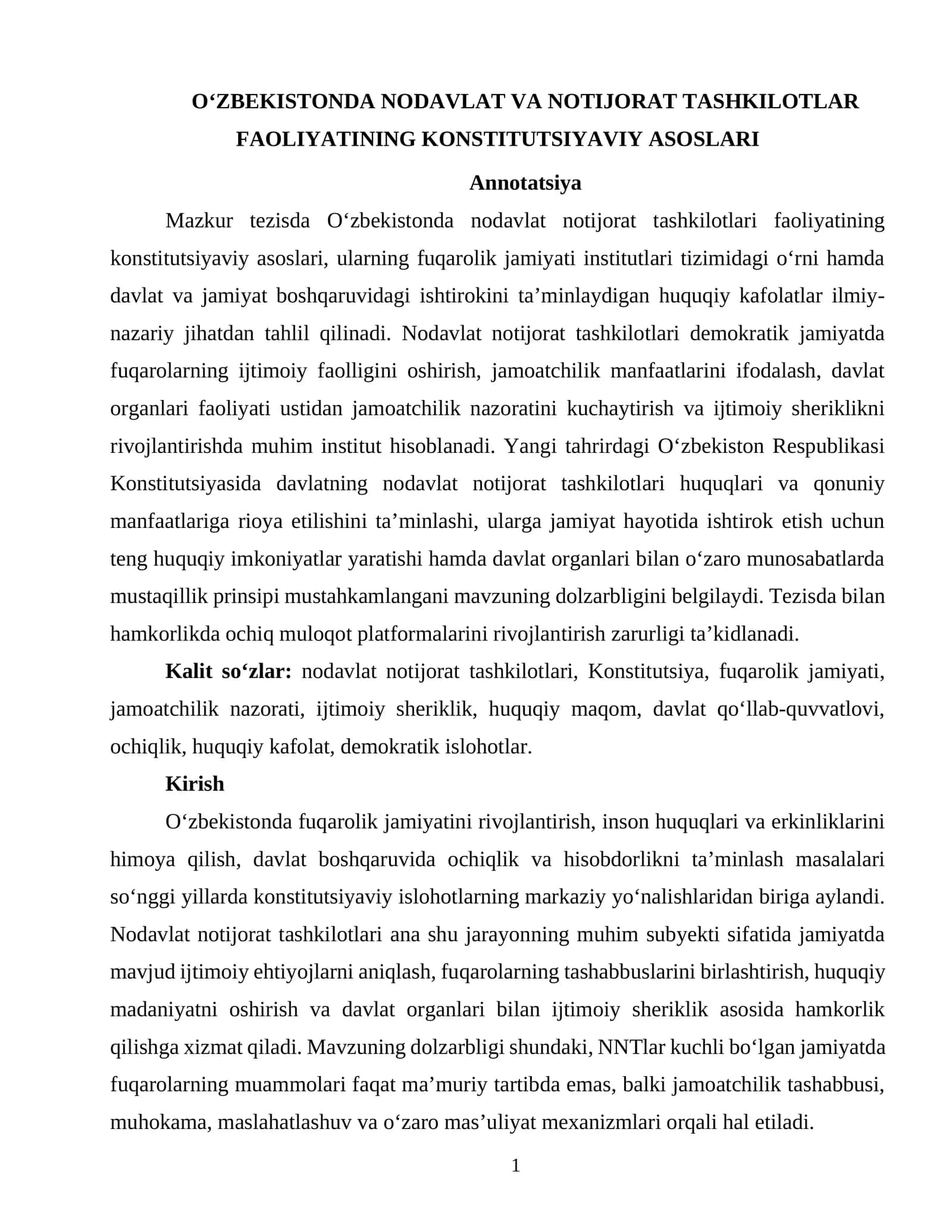 O‘ZBEKISTONDA NODAVLAT VA NOTIJORAT TASHKILOTLAR FAOLIYATINING KONSTITUTSIYAVIY ASOSLARI 1