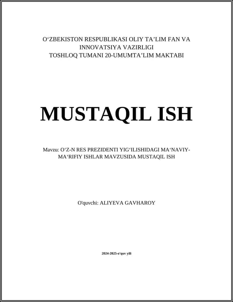 O‘Z-N RES PREZIDENTI YIG‘ILISHIDAGI MA‘NAVIY-MA‘RIFIY ISHLAR MAVZUSIDA MUSTAQIL ISH 1