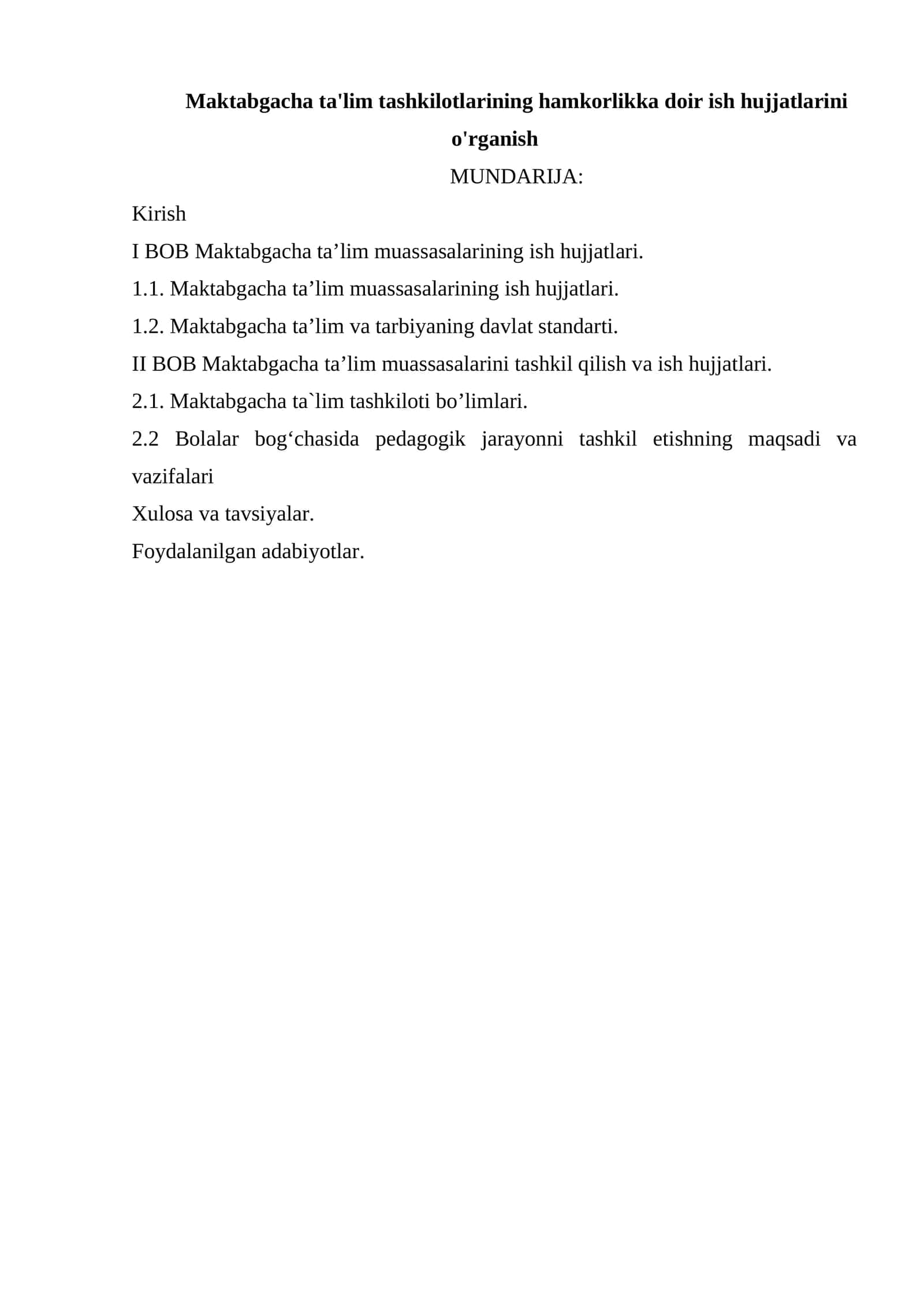 Maktabgacha ta'lim tashkilotlarining hamkorlikka doir ish hujjatlarini o'rganish 1