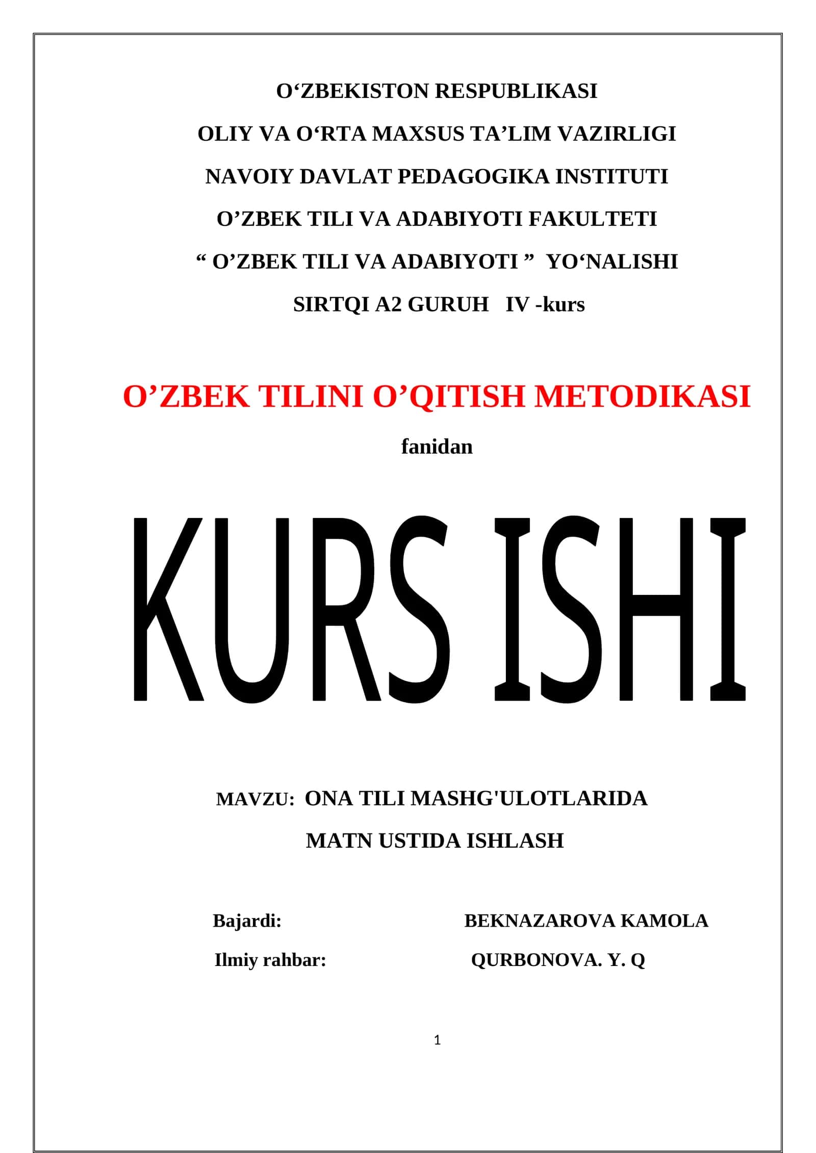 O'zbek tilini o'qitish metodikasi 1