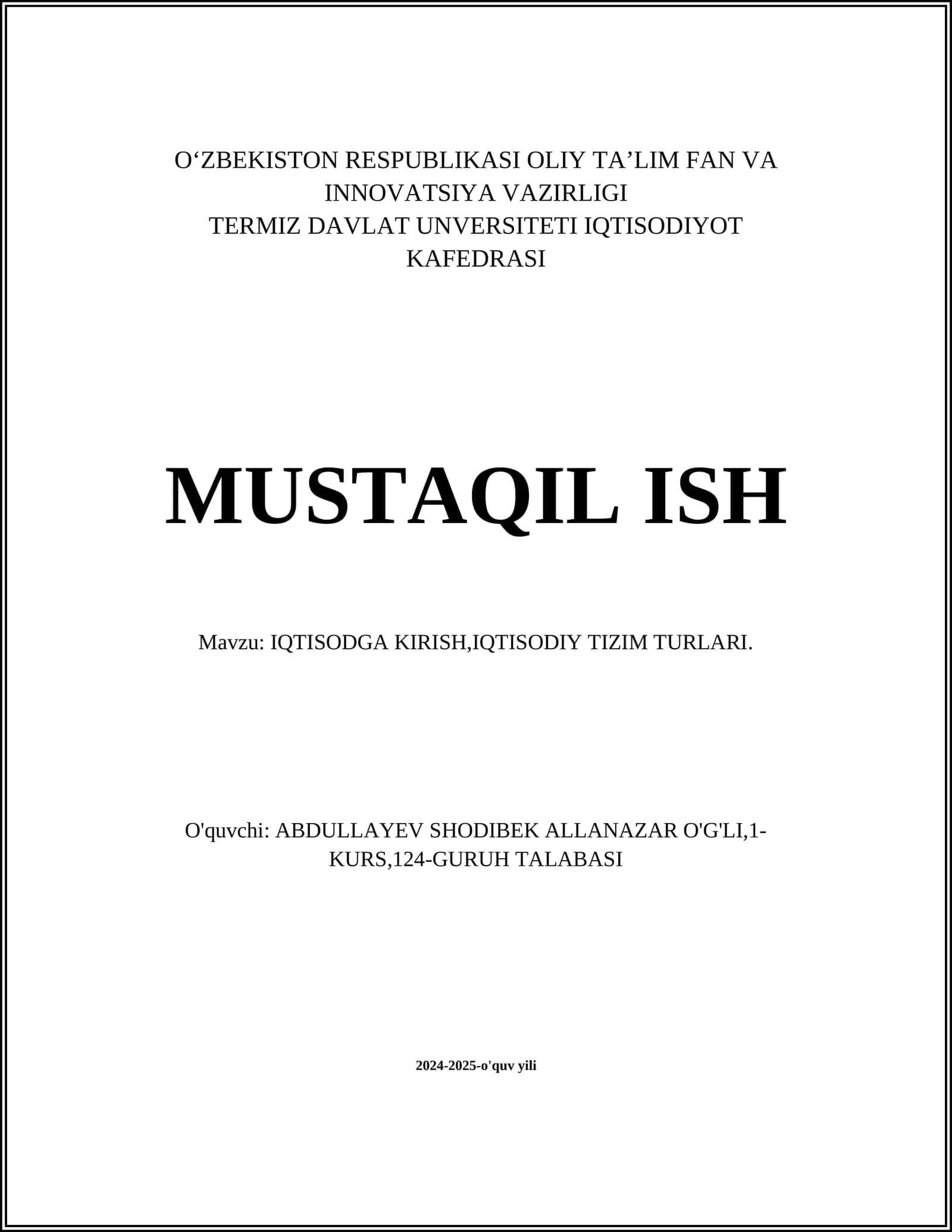 IQTISODGA KIRISH,IQTISODIY TIZIM TURLARI 1
