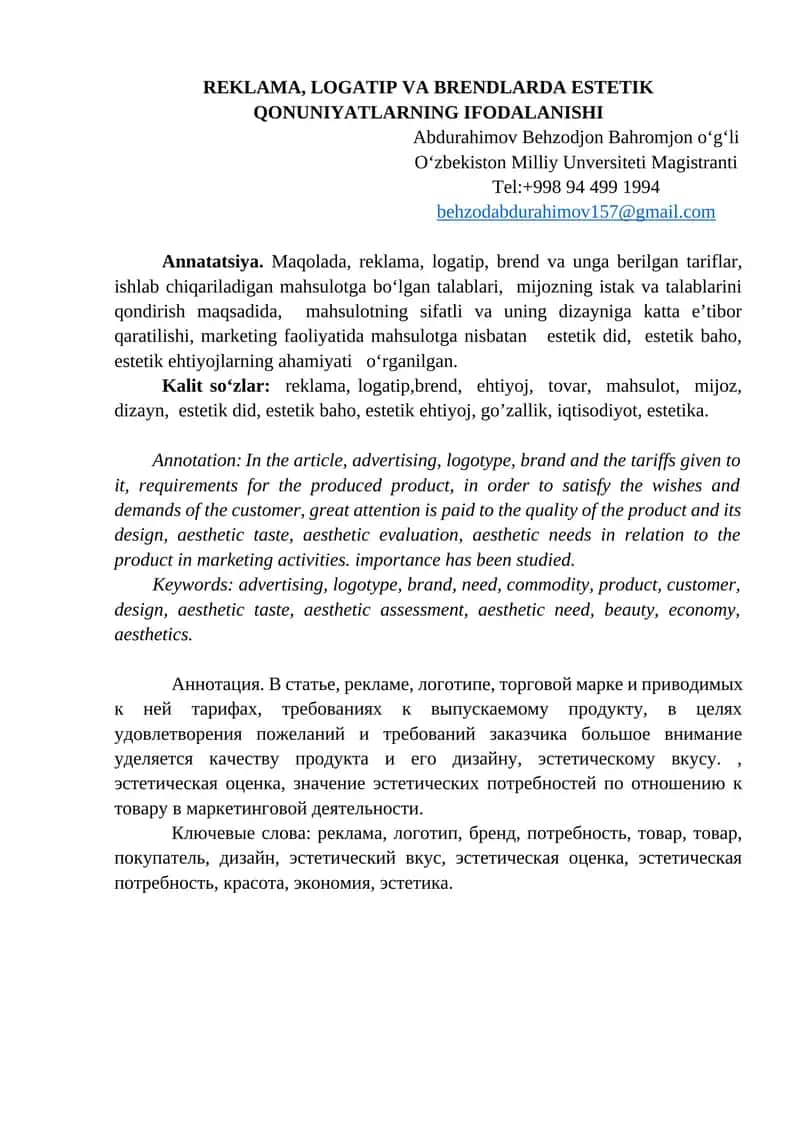 REKLAMA, LOGATIP VA BRENDLARDA ESTETIK QONUNIYATLARNING IFODALANISHI 1