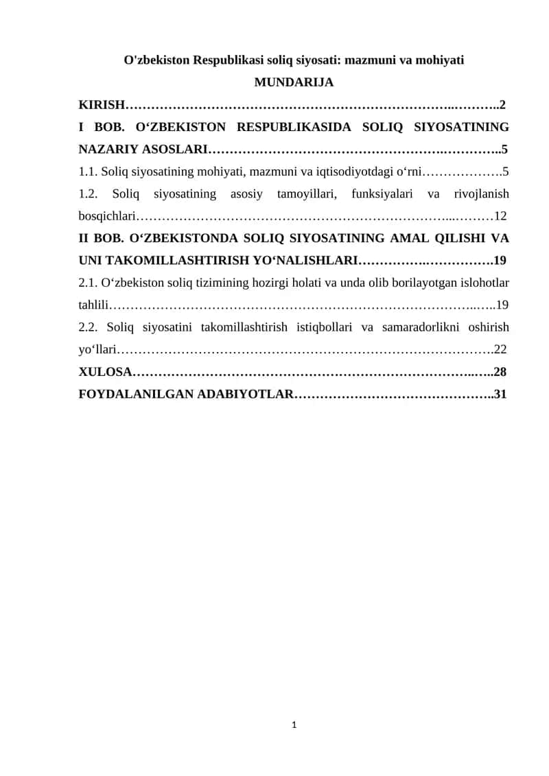 O'zbekiston Respublikasi soliq siyosati: mazmuni va mohiyati 1