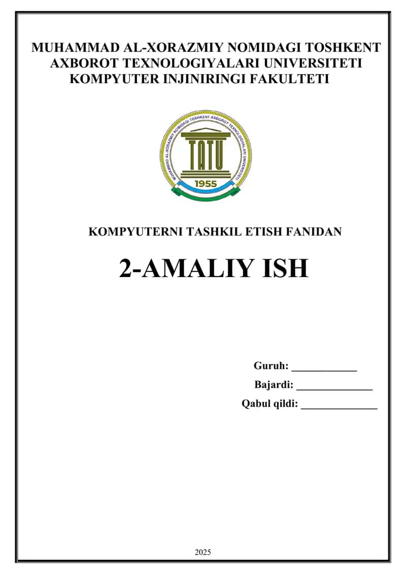 Kompyuterni tashkil qilishning arifmetik asoslari. Turli xil sanoq tizimlarida arifmetik operatsiyalarni bajarish. Buyruqlar tizimining arxitekturasi. Assembler tilining asosiy operatorlari bilan tanishish. tartib raqam 6 1