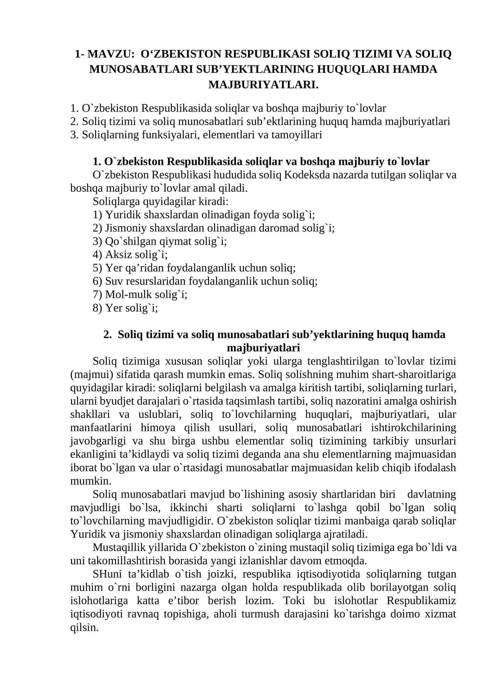 O‘zbekiston Respublikasi Soliq Tizimi va Soliq Munosabatlari Sub’yektlarining Huquqlari hamda Majburiyatlari 1