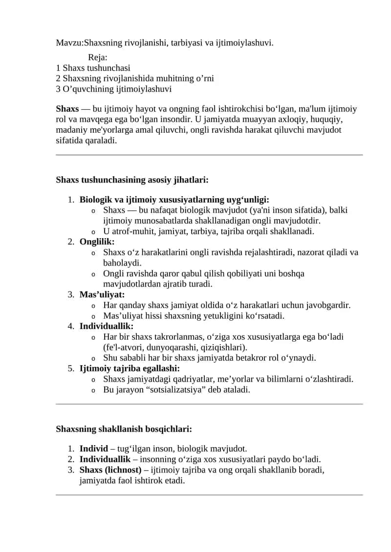 Shaxsning rivojlanishi, tarbiyasi va ijtimoiylashuvi 1