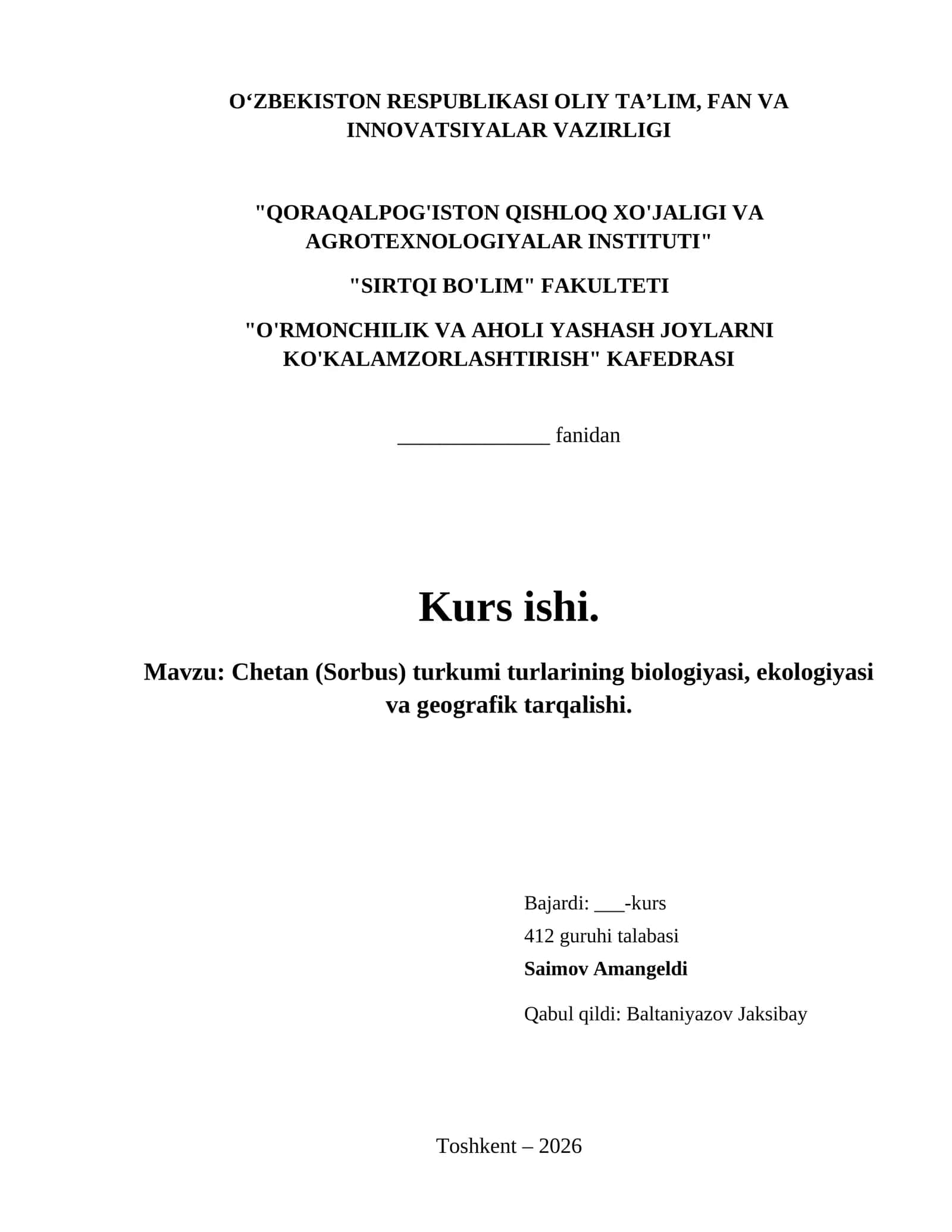 Chetan (Sorbus) turkumi turlarining biologiyasi, ekologiyasi va geografik tarqalishi. 1