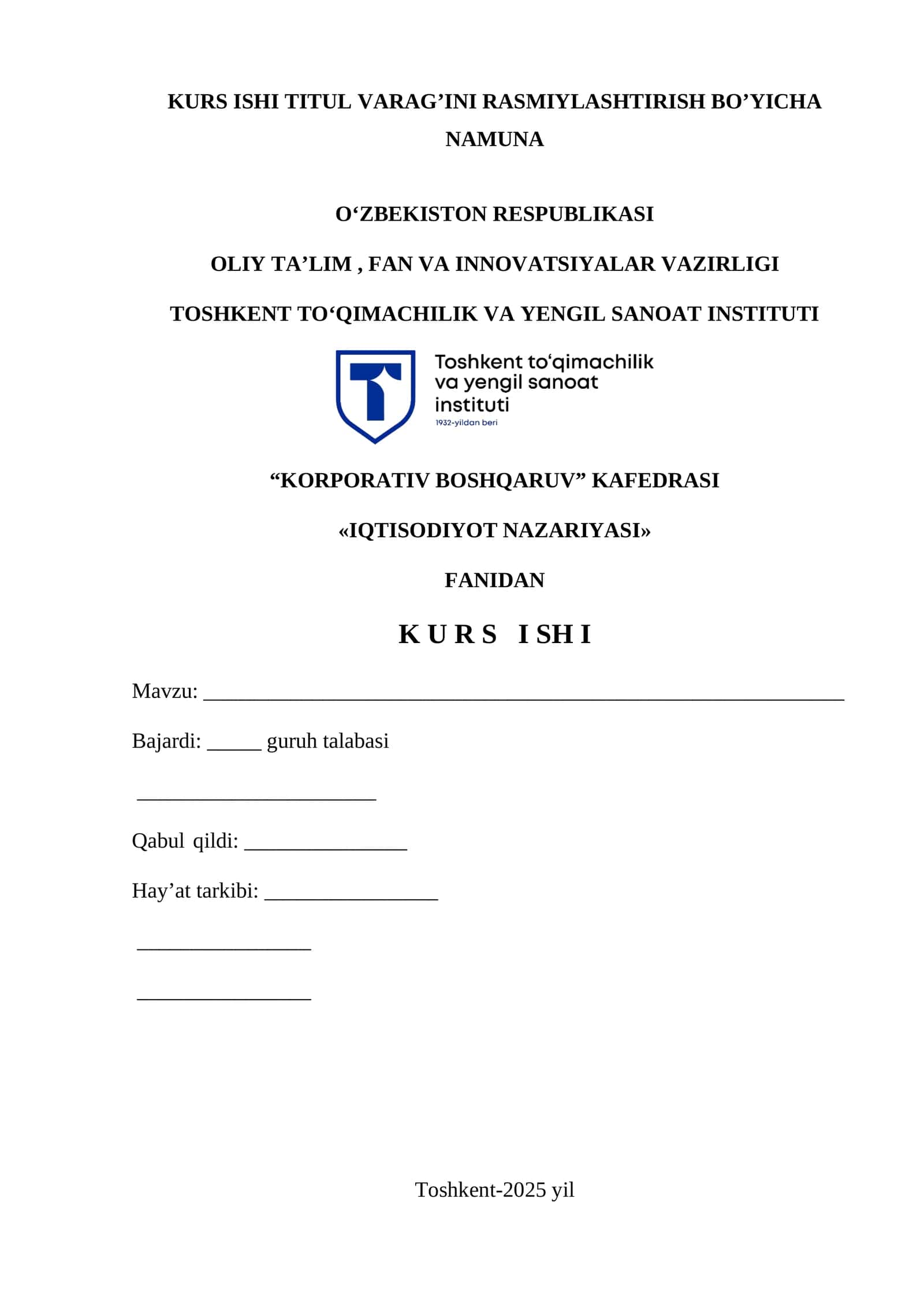 KURS ISHI TITUL VARAG’INI RASMIYLASHTIRISH BO’YICHA NAMUNA 1