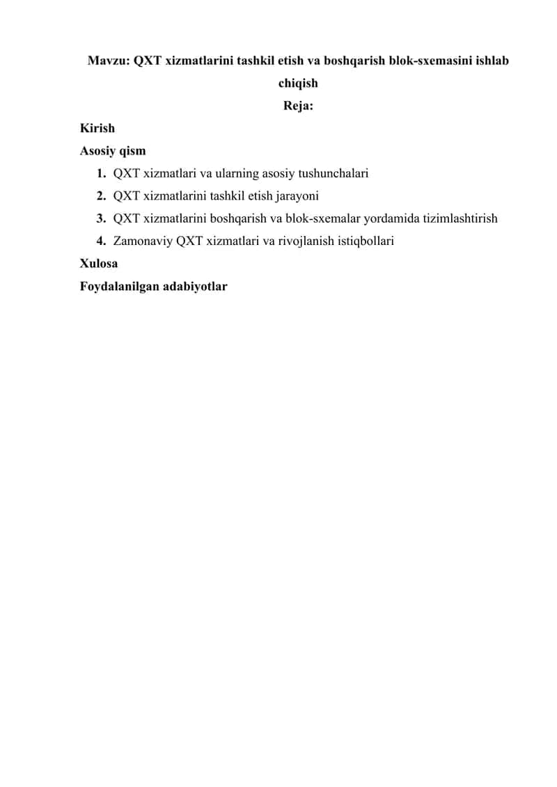 QXT xizmatlarini tashkil etish va boshqarish blok-sxemasini ishlab chiqish 1