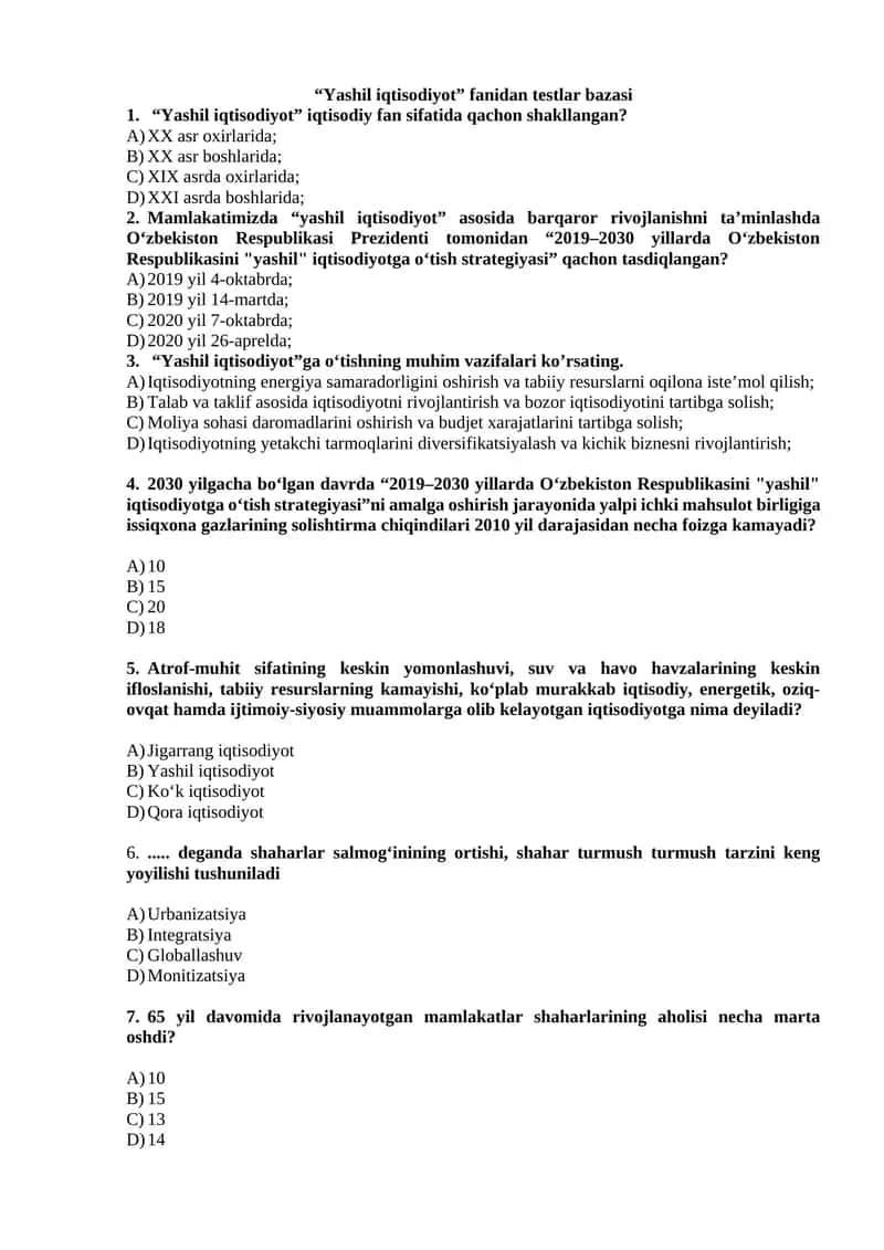 Yashil iqtisodiyot fanidan testlar yakuniy nazorat uchun bazasi 1