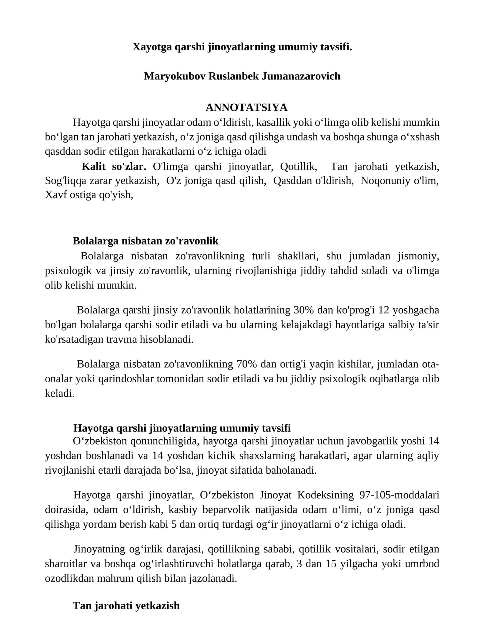Xayotga qarshi jinoyatlarning umumiy tavsifi 1