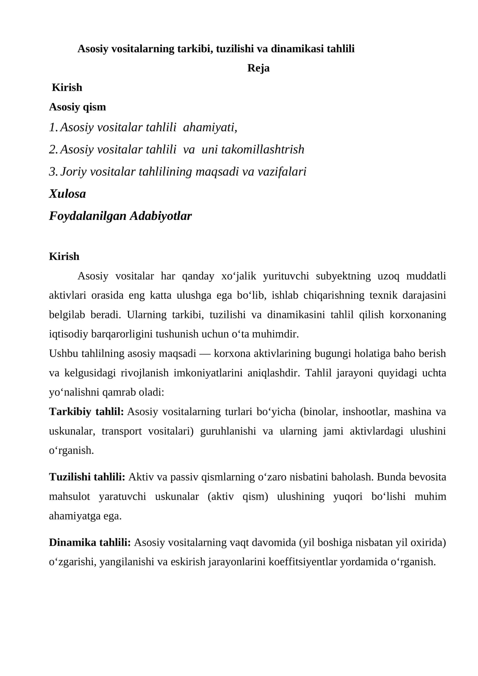 Asosiy vositalarning tarkibi, tuzilishi va dinamikasi tahlili 1