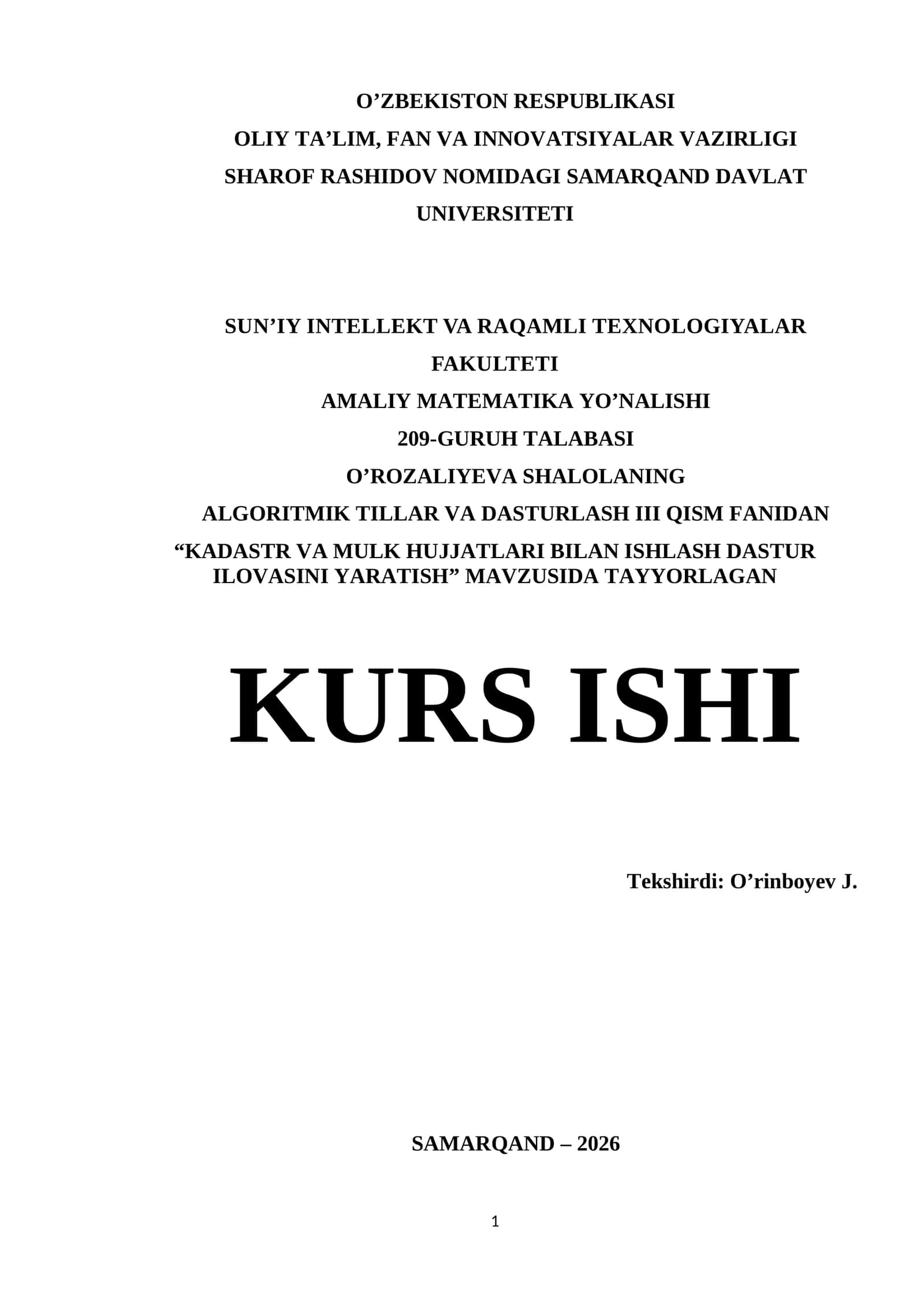 Visual Studio muhitida dasturlash | Kurs Ishi - KADASTR VA MULK HUJJATLARI BILAN ISHLASH DASTUR ILOVASINI YARATISH 1