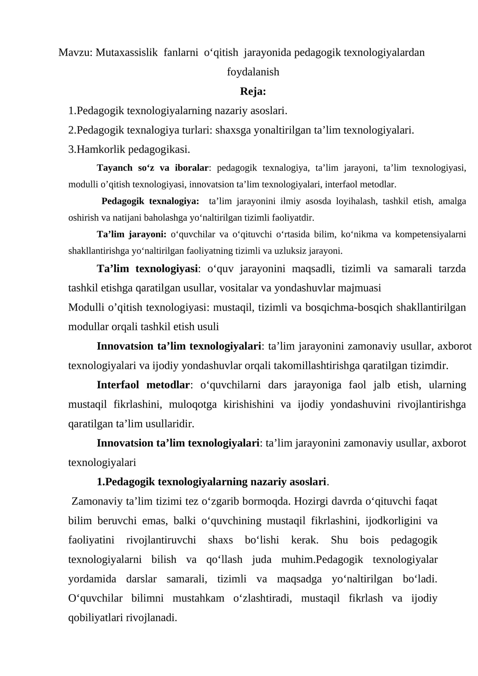 Mutaxassislik fanlarni o‘qitish jarayonida pedagogik texnologiyalardan foydalanish 1