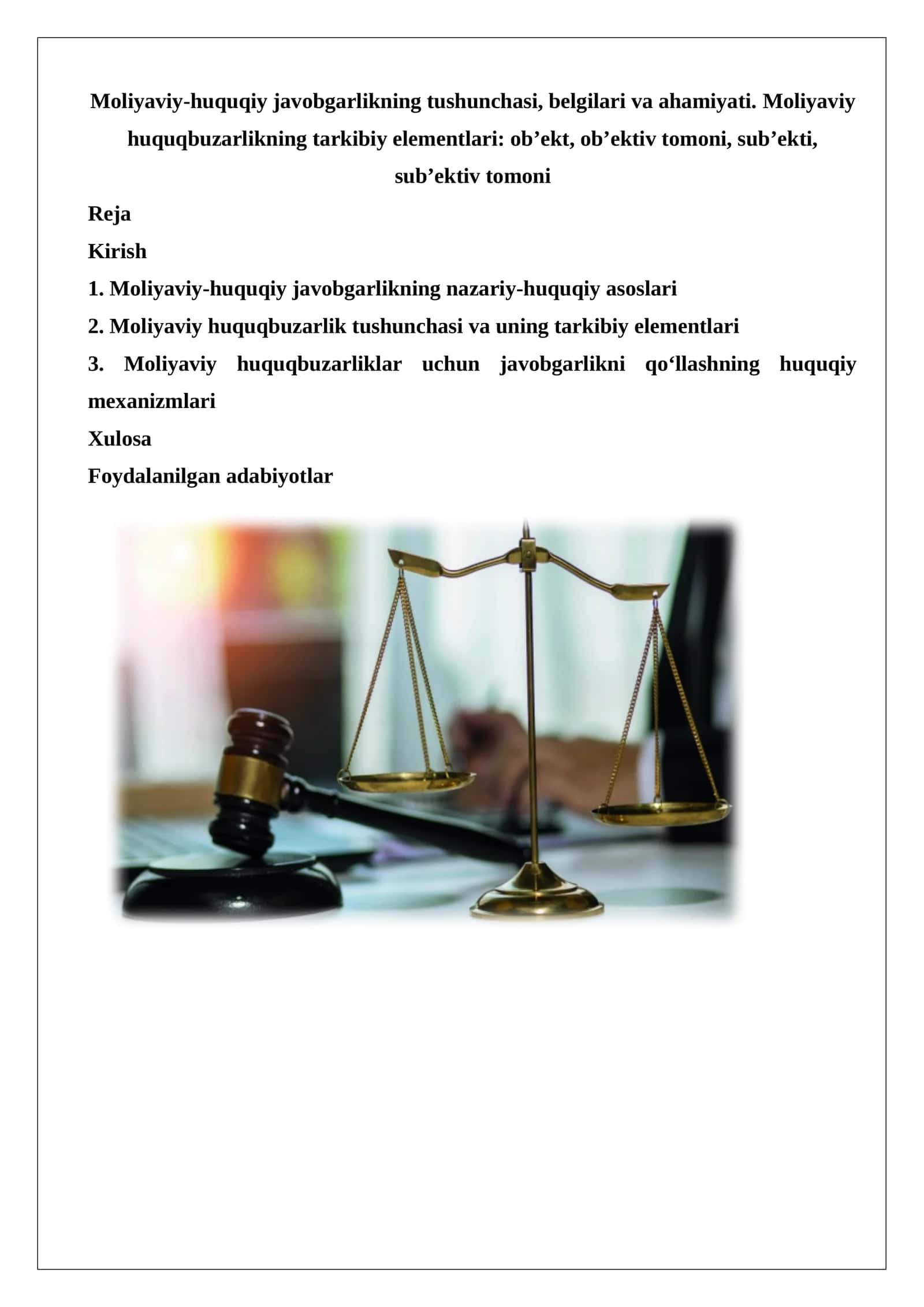Moliyaviy-huquqiy javobgarlikning tushunchasi, belgilari va ahamiyati. 1