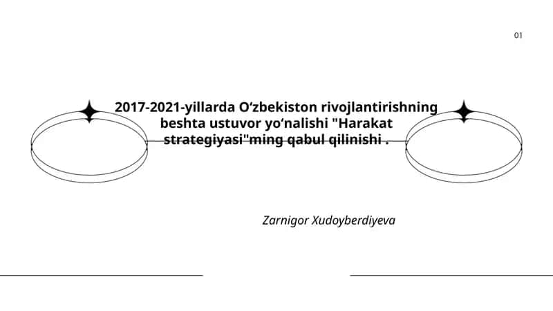 2017-2021-yillarda Oʻzbekiston rivojlantirishning beshta ustuvor yoʻnalishi "Harakat strategiyasi"ming qabul qilinishi 1