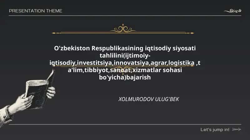 O'zbekiston Respublikasining iqtisodiy siyosati tahlilini(ijtimoiy-iqtisodiy,investitsiya,innovatsiya,agrar,logistika,ta'lim,tibbiyot,sanoat,xizmatlar sohasi bo'yicha)bajarish 1
