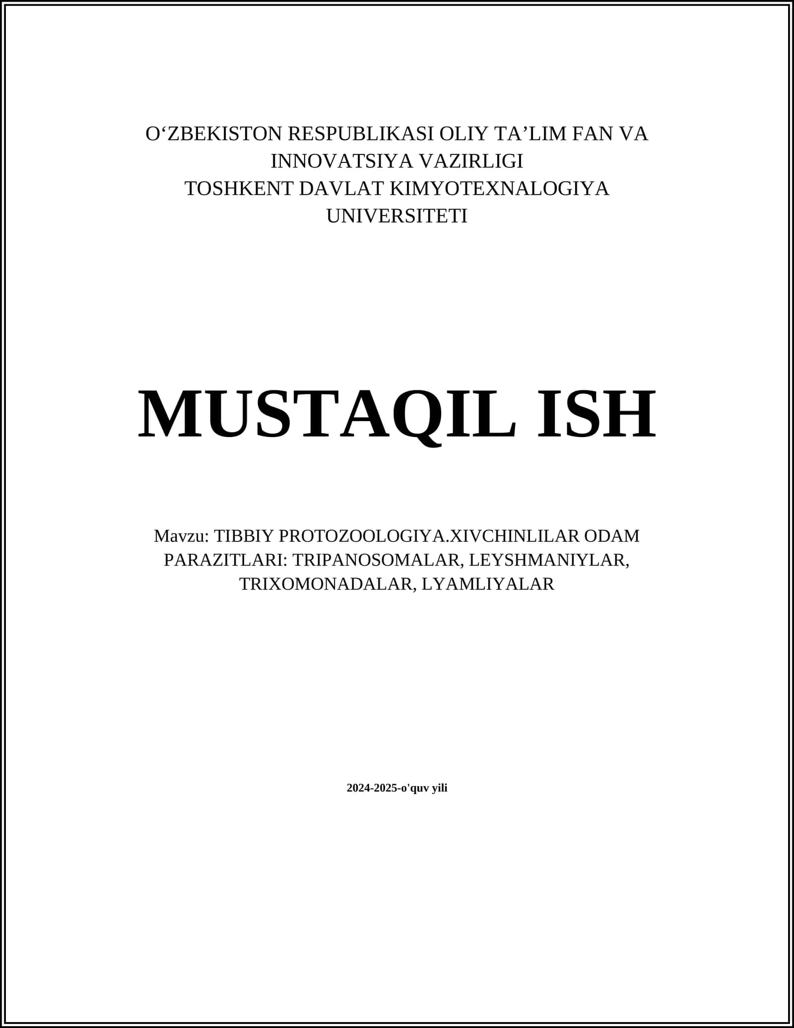 TIBBIY PROTOZOOLOGIYA.XIVCHINLILAR ODAM PARAZITLARI: TRIPANOSOMALAR, LEYSHMANIYLAR, TRIXOMONADALAR, LYAMLIYALAR 1