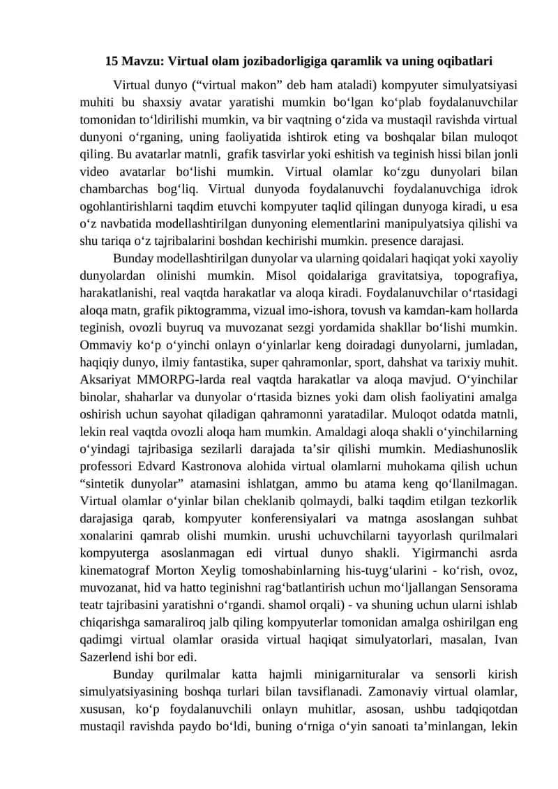 Virtual olam jozibadorligiga qaramlik va uning oqibatlari 1