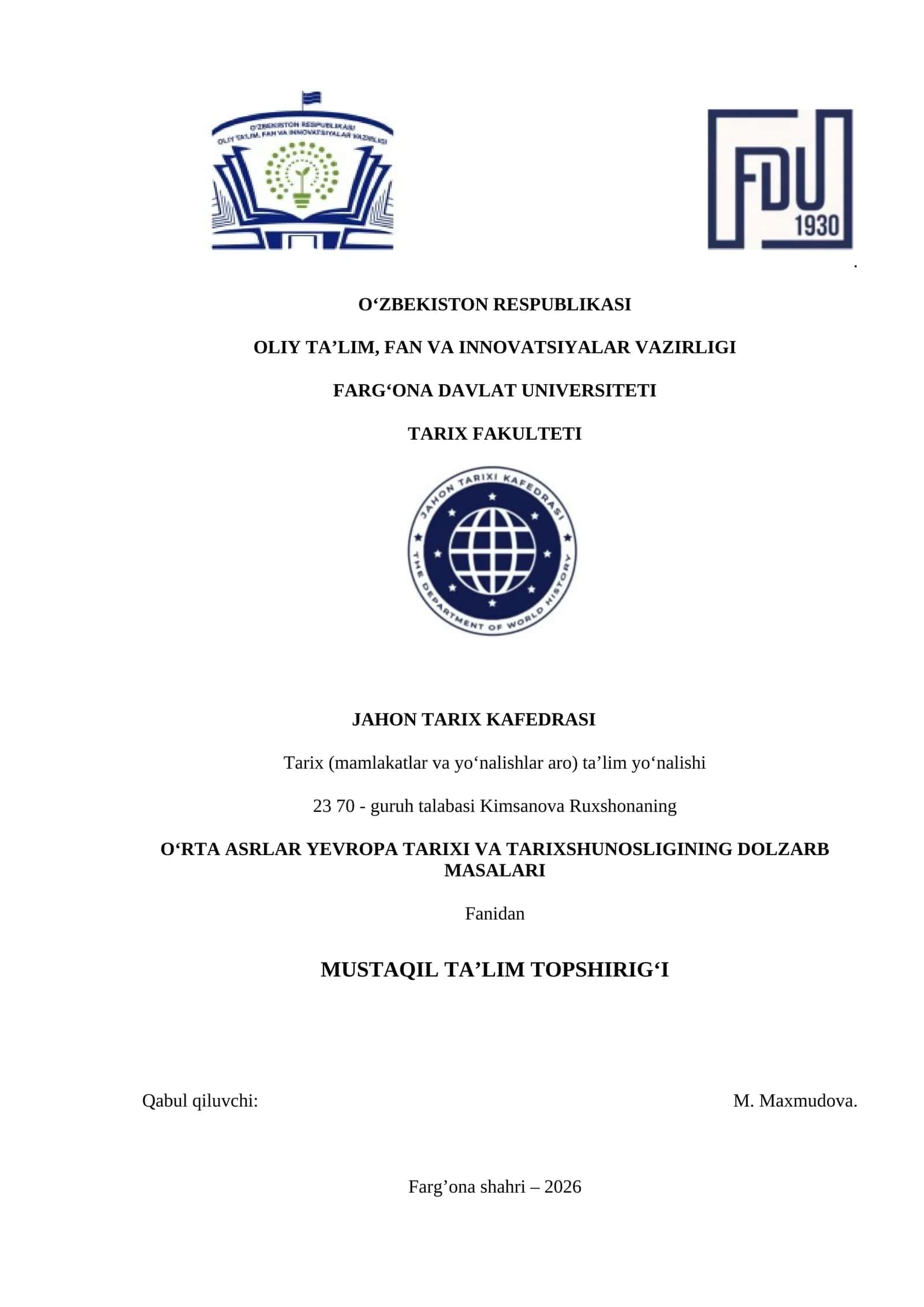 O‘RTA ASRLAR YEVROPA TARIXI VA TARIXSHUNOSLIGINING DOLZARB MASALARI 1