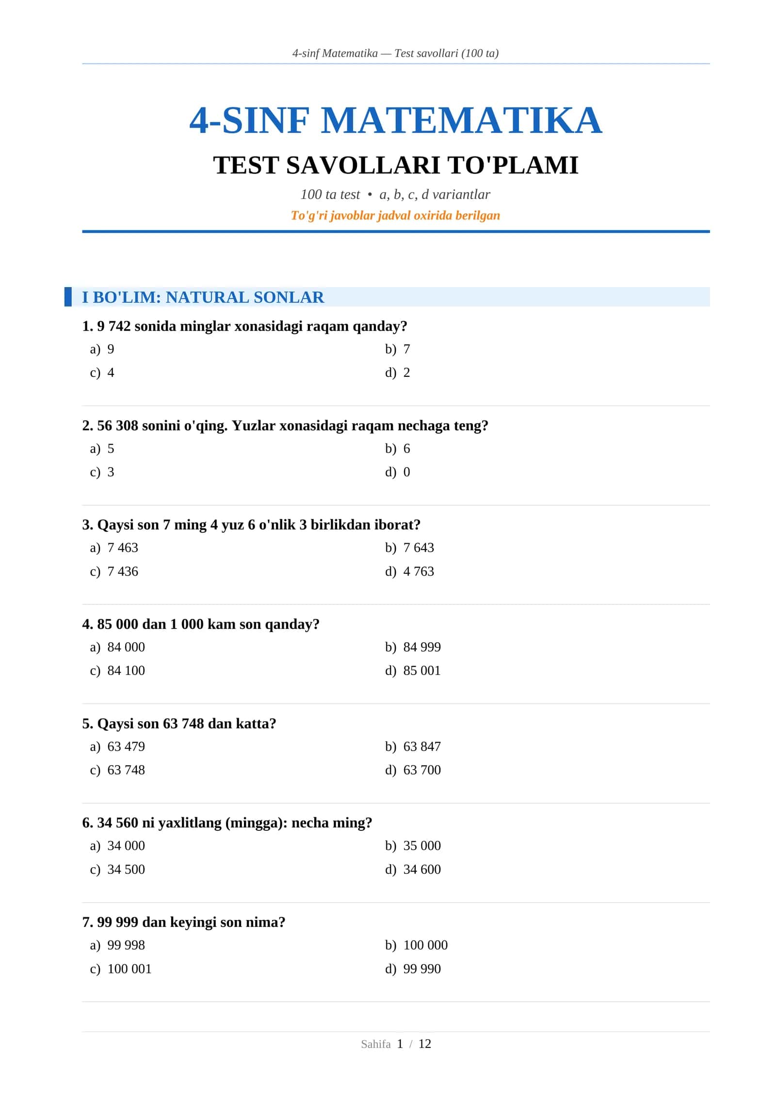 4-sinf Matematika — Test savollari (100 ta) 1