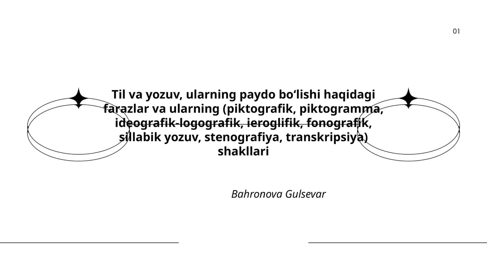 Til va yozuv, ularning paydo bo‘lishi haqidagi farazlar va ularning (piktografik, piktogramma, ideografik-logografik, ieroglifik, fonografik, sillabik yozuv, stenografiya, transkripsiya) shakllari 1