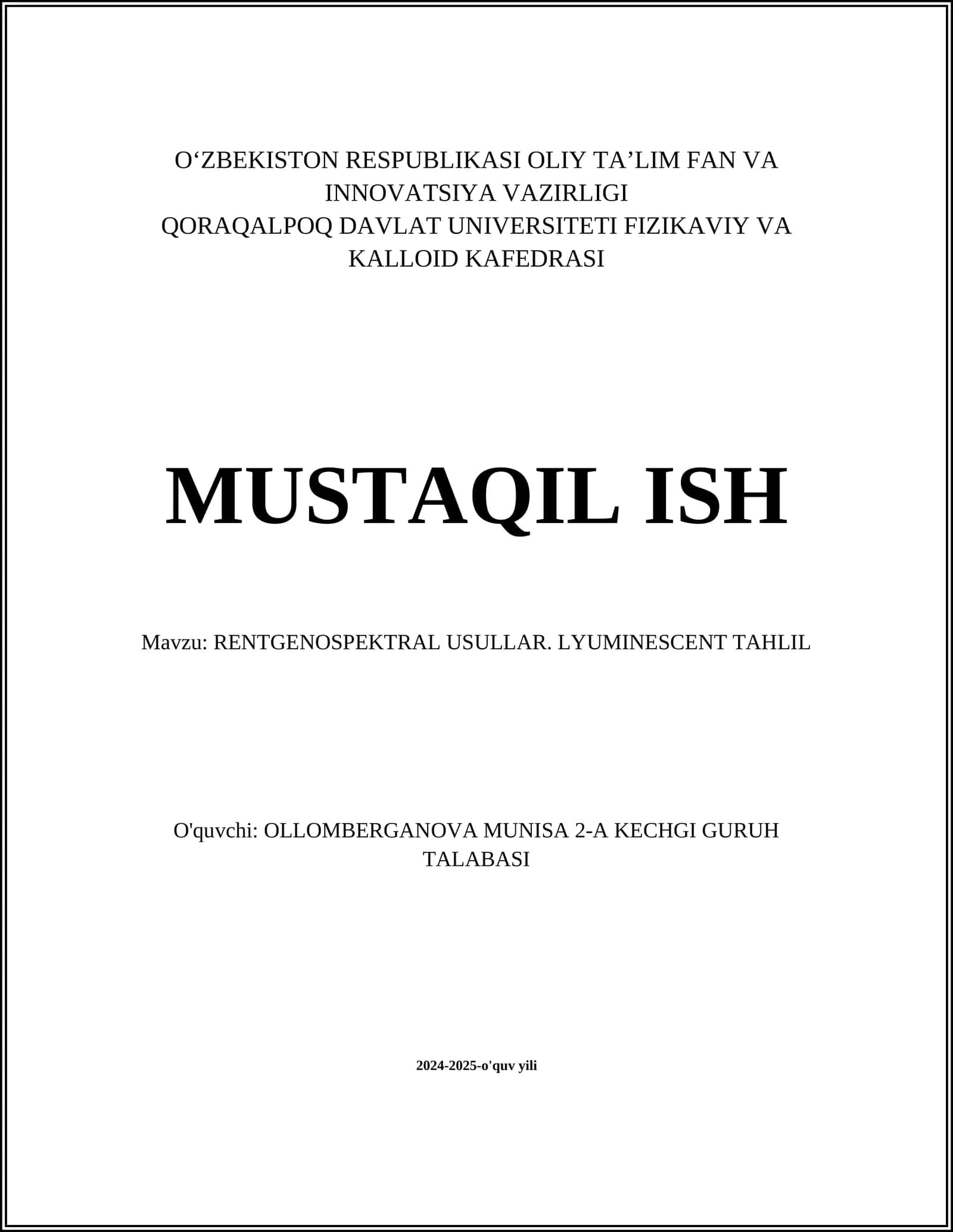 RENTGENOSPEKTRAL USULLAR. LYUMINESCENT TAHLIL 1