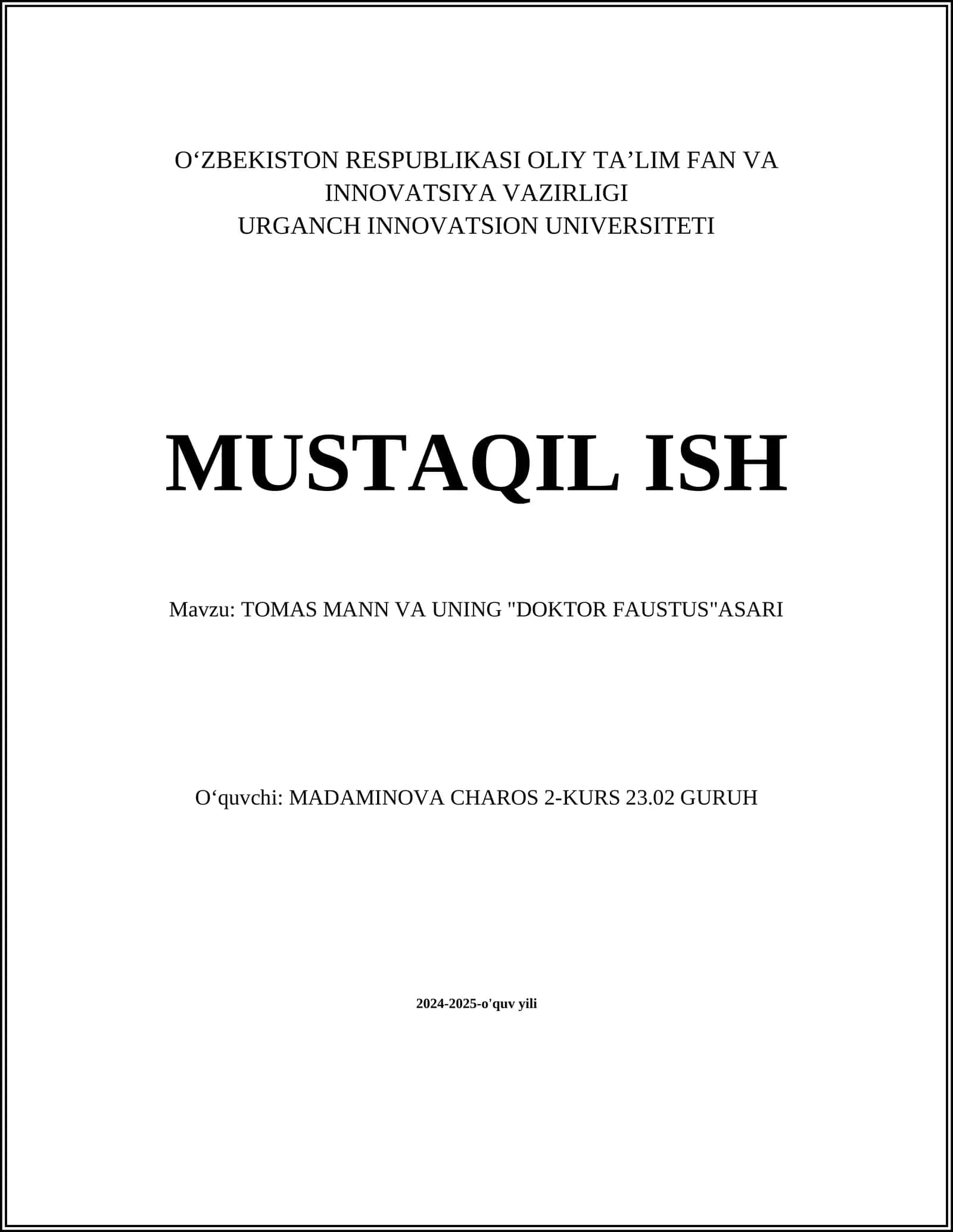 TOMAS MANN VA UNING "DOKTOR FAUSTUS"ASARI 1